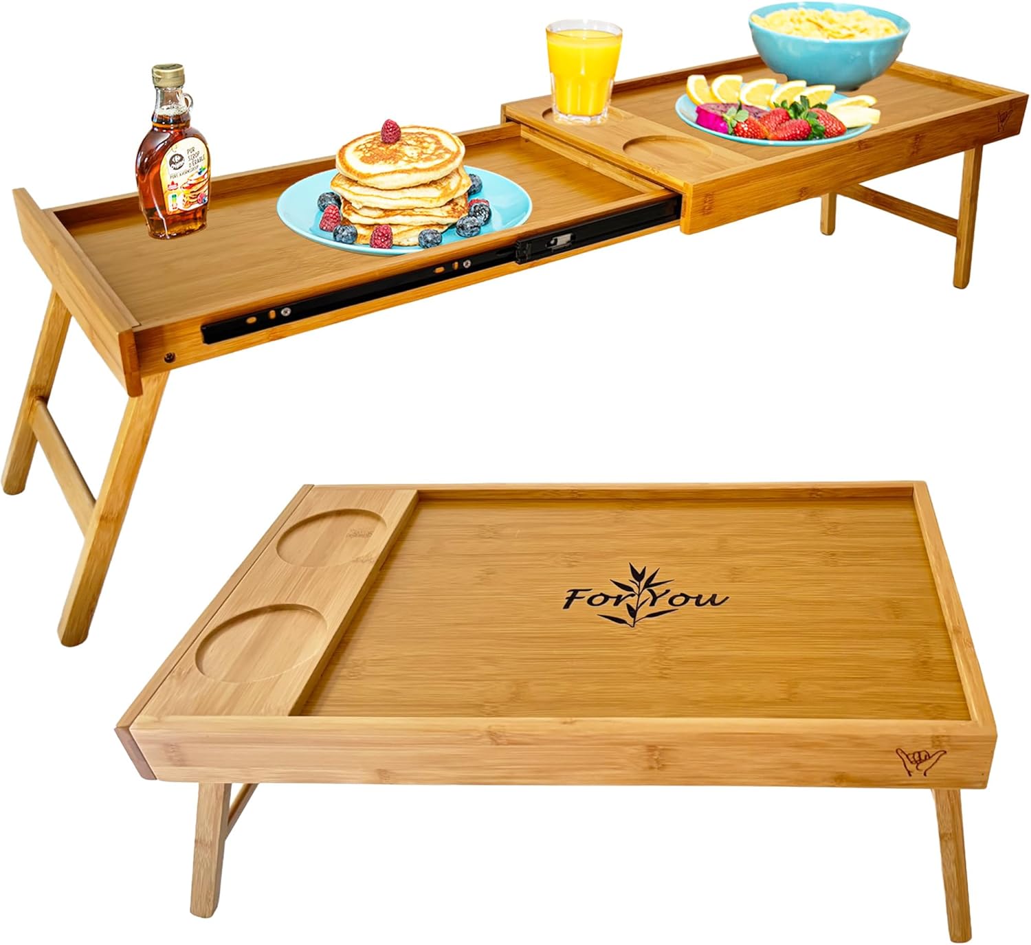 Breakfast Bed Table Tray for Two - One Piece, Dual Use Couple Bed Tray w/Cup Holder - Food Trays for Eating on Couch, Space Saving Breakfast Table w/Metal Rail - Gift Ready - Bamboo Wood