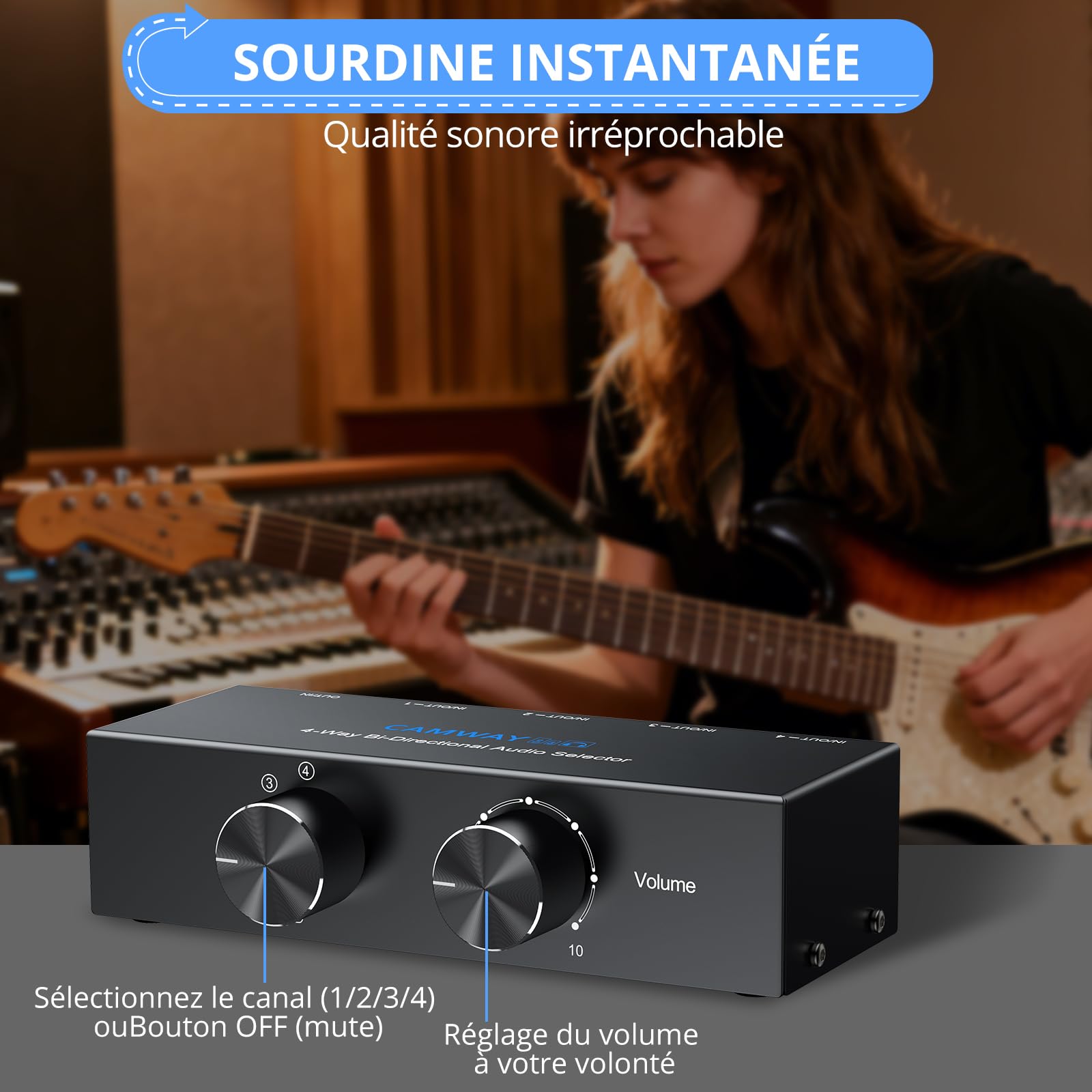 CAMWAY 1X4/4X1 Commutateur Audio Bi-Directionnel RCA & 3.5mm – Commutateur Stéréo à 4 Sorties ou Entrées, avec Fonction Off et RCA Inclus, Compatible PC, Smartphone, Amplificateur et Casque