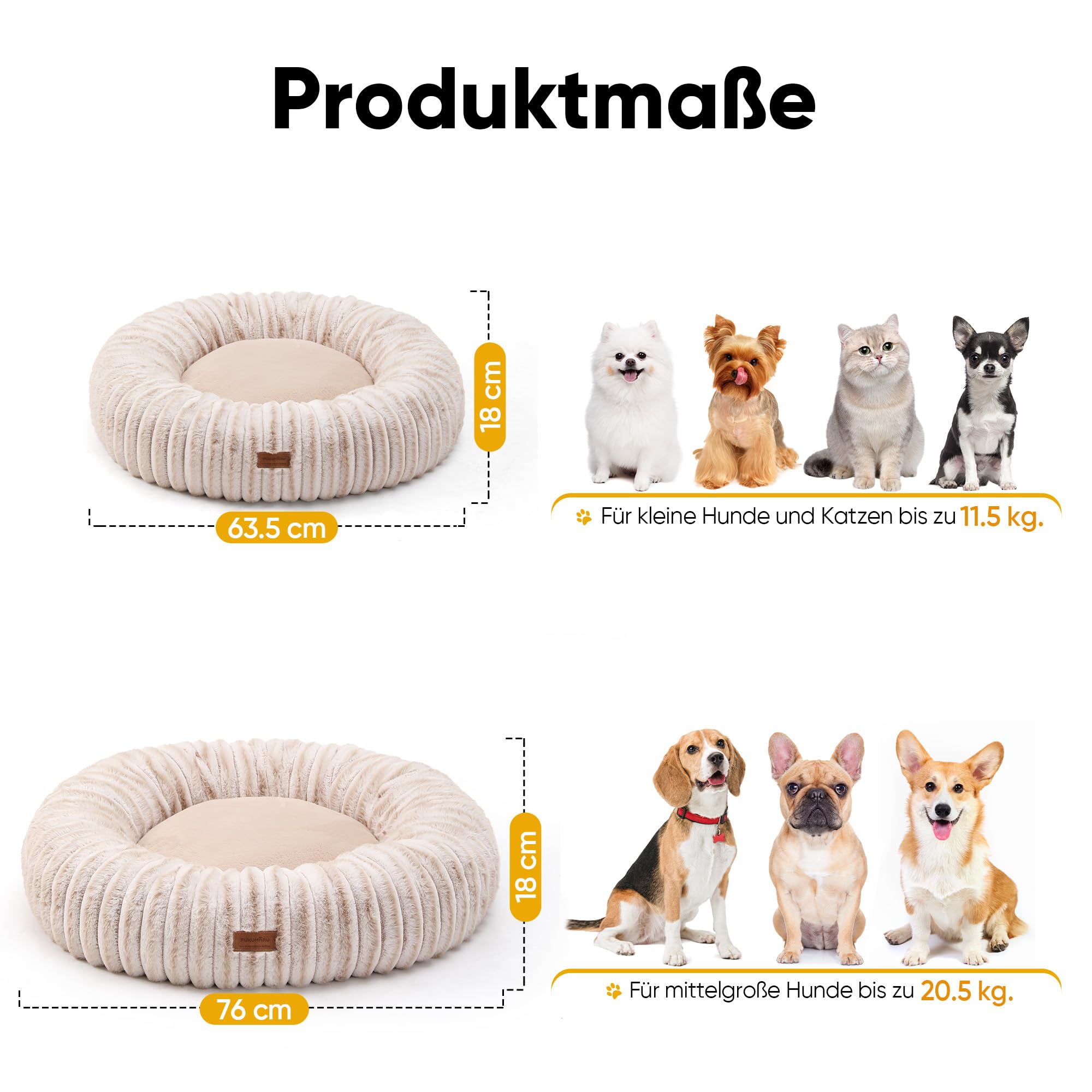 FUKUMARU Hundebett，Katzenbett für den Innenbereich, orthopädisches Hundebett, waschbare Abdeckung, modernes Design mit Farbverlauf. 64 x 64 x 18 cm, Kamel