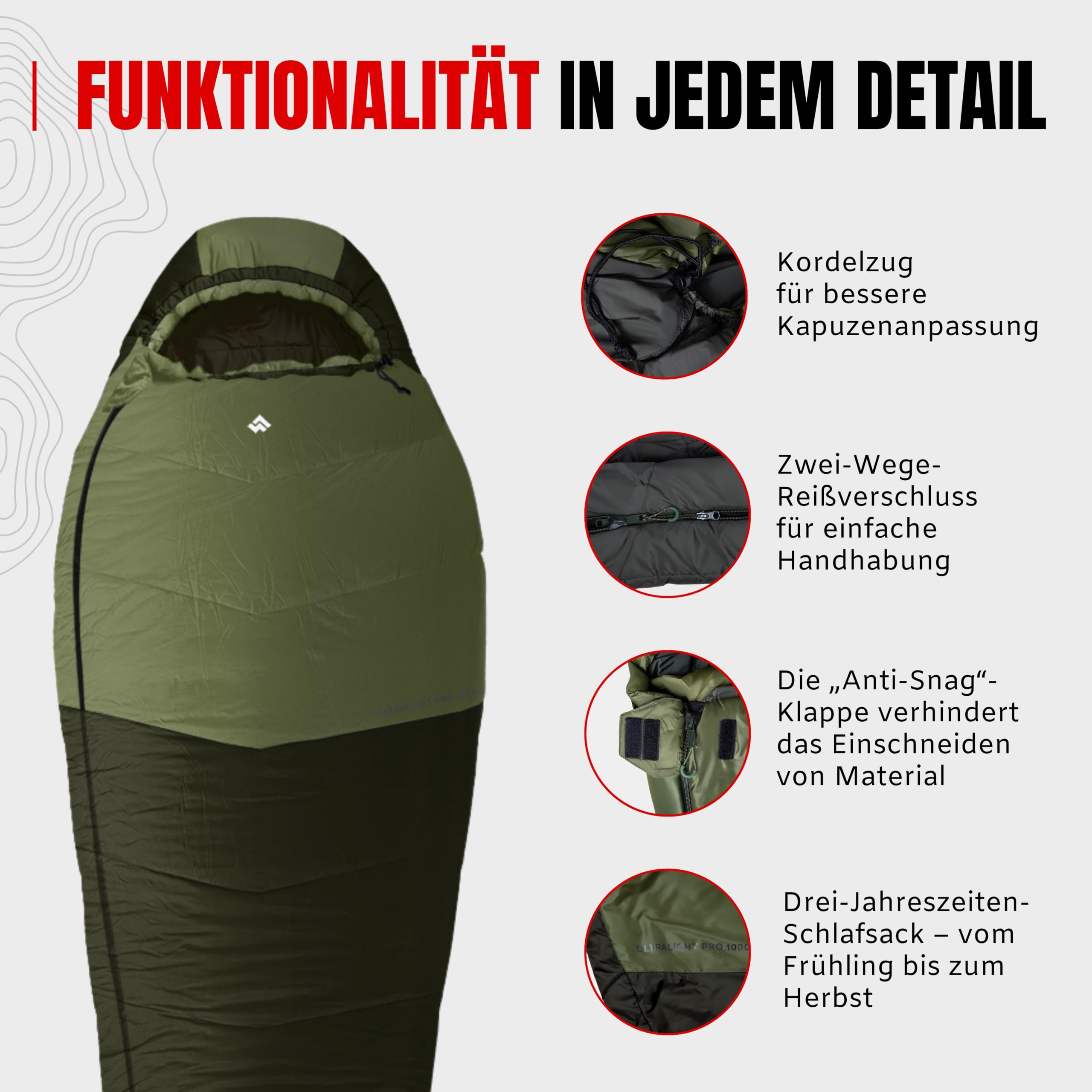 Alpinus - Śpiwór Turystyczny Ultralight Pro 1000, Lekki Śpiwór Typu Mumia 215 x 80 cm, z Dwuwarstwową Izolacją, Kempingowy, Pokrowiec z Możliwością Kompresji