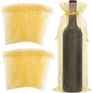Qulkws 30Pcs Organza Wine Bags, Sheer Mesh Wine Bottle Gift Bags with Drawstring for Birthday Party Wedding Festival Gift (Gold)