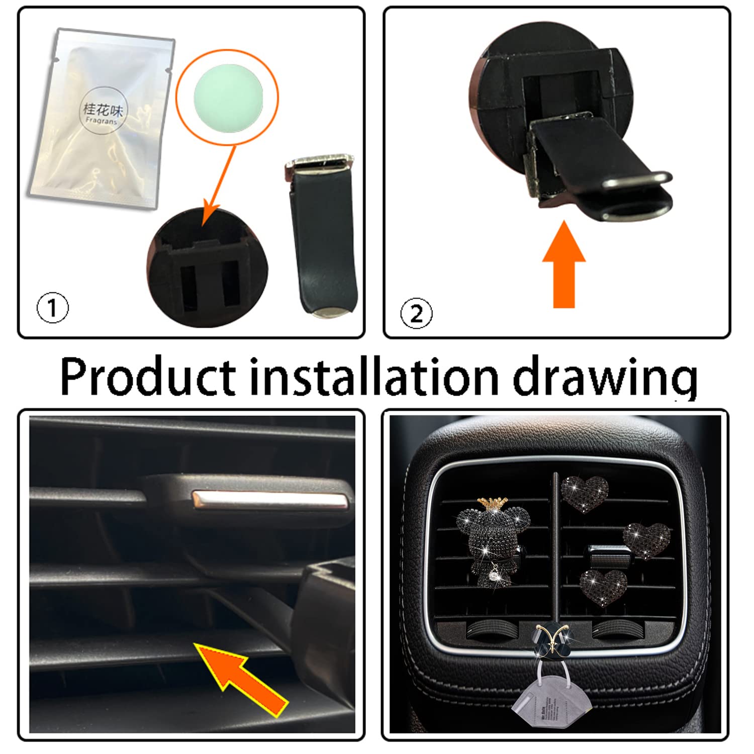 Lot de 4 désodorisants noirs en forme de cœur et d'ours pour grille d'aération de voiture - Diffuseur de voiture en diamant - Accessoire de voiture mignon - Décoration de voiture pour femme + crochet
