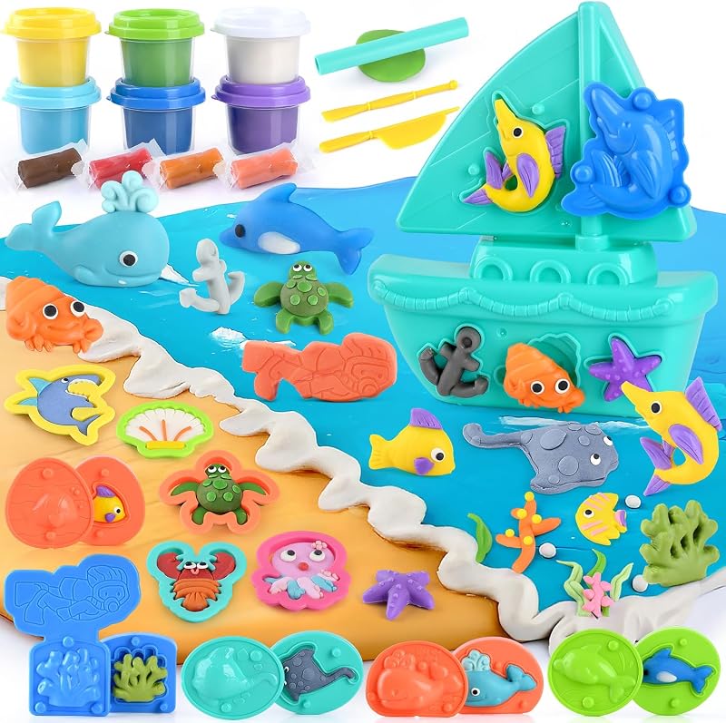 Ocean Color Dough Kit with Sea Animals Molds, Under the Sea Toys Set for Sensory Play - Boat Whale Shark Crab Fish Cutters, Educational Arts and Crafts Gift for Kids 3 4 5 6 Year Old Boys & Girls