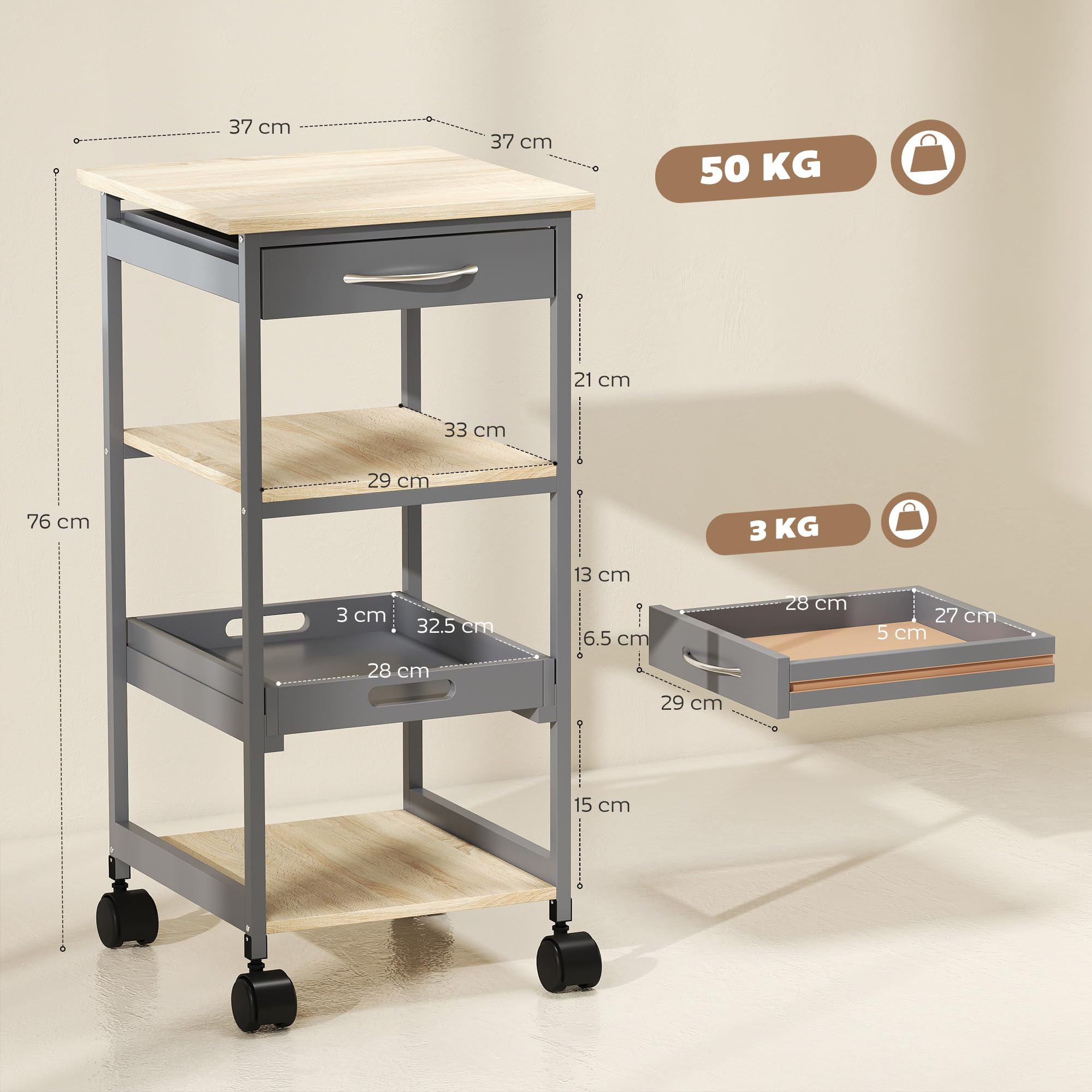 HOMCOM Carrello da Cucina Portavivande con Cassetto, 2 Ripiani e Vassoio Estraibile, Isola da Cucina in Legno 37x37x76cm, Grigio