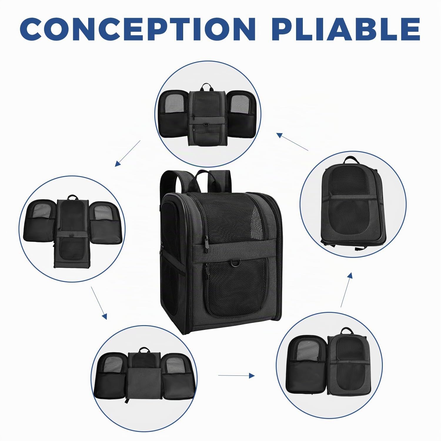 Apollo Walker Sac Transport Chat Chien pour Petits (Capacité de Charge 5-12 kg, Dimensions 32L*30B*42H)，Chiens et Chats Sac à Dos en Maille Respirante pour Animaux de Compagnie - Noir