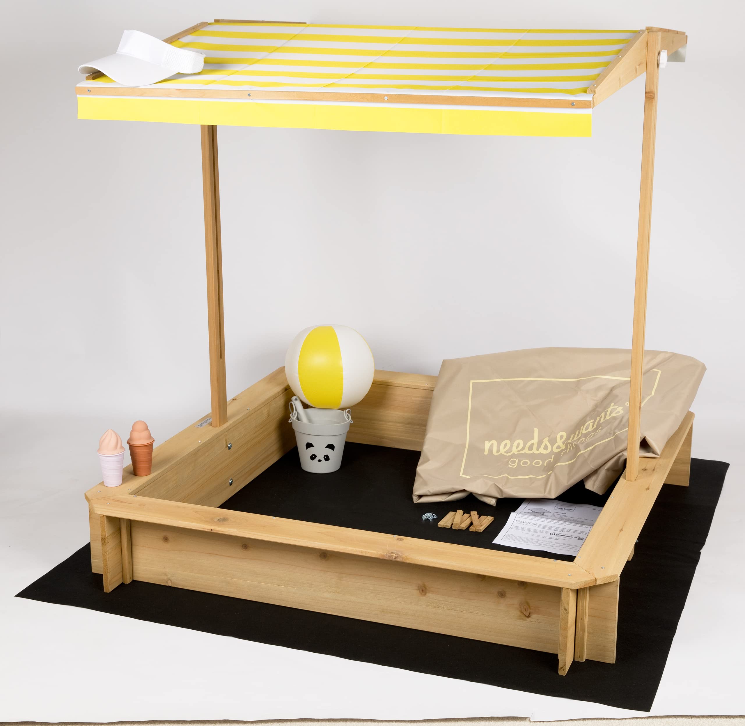 needs&wants® Bac à Sable en Bois avec Couvercle Plastique Oxford 600D pour Enfants, avec Toit refermable, siège, Sol, carré, UV-Protection, rectangulaire extérieur, pour Jardin et Jeux, Jaune Blanc