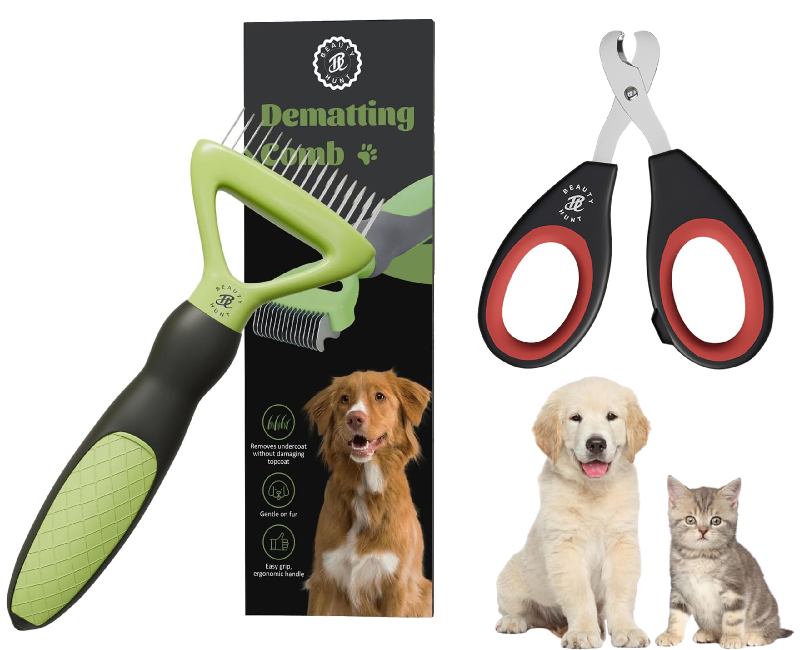 BeautyHunt Dematting Comb and Nail Clippers 2-in-1 Cat Grooming Kit with Stainless Steel Blades, Sharp & Safe Design