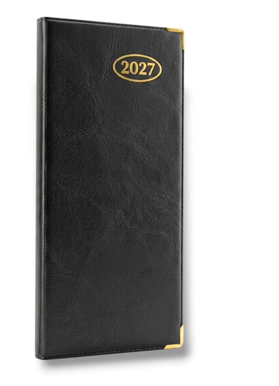 2027 Slim Line Week to View Padded Diary Metal Corner Case Bound Planner with Ribbon Marker (Black 2027)