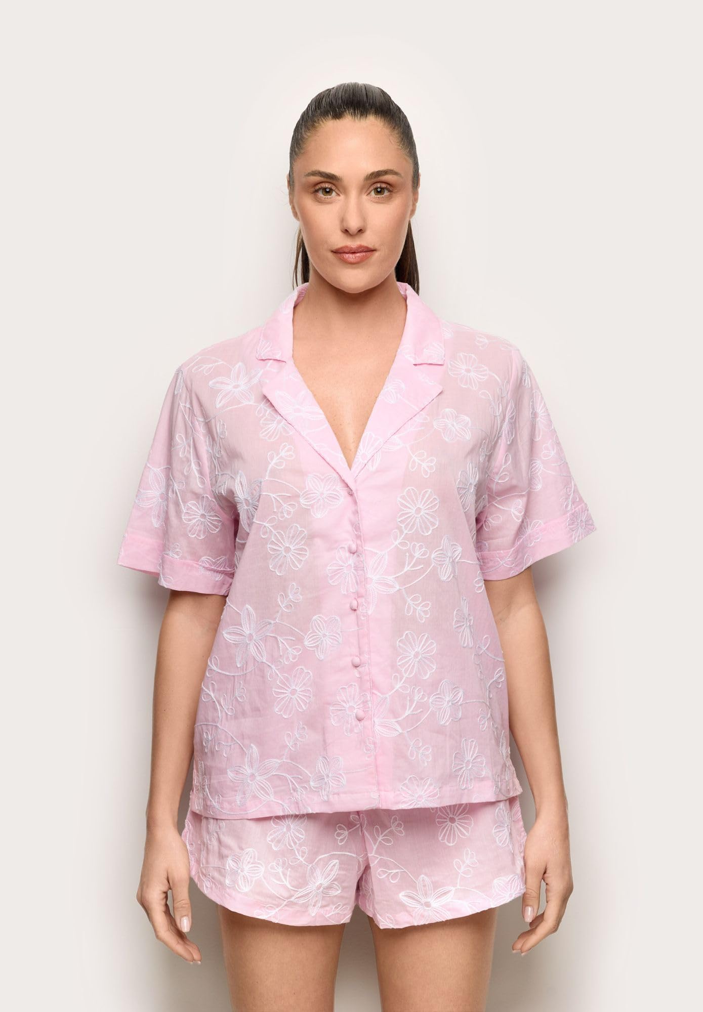 YAMAMAY - Pigiama Corto con Apertura Frontale, Linea Broderie II, Donna