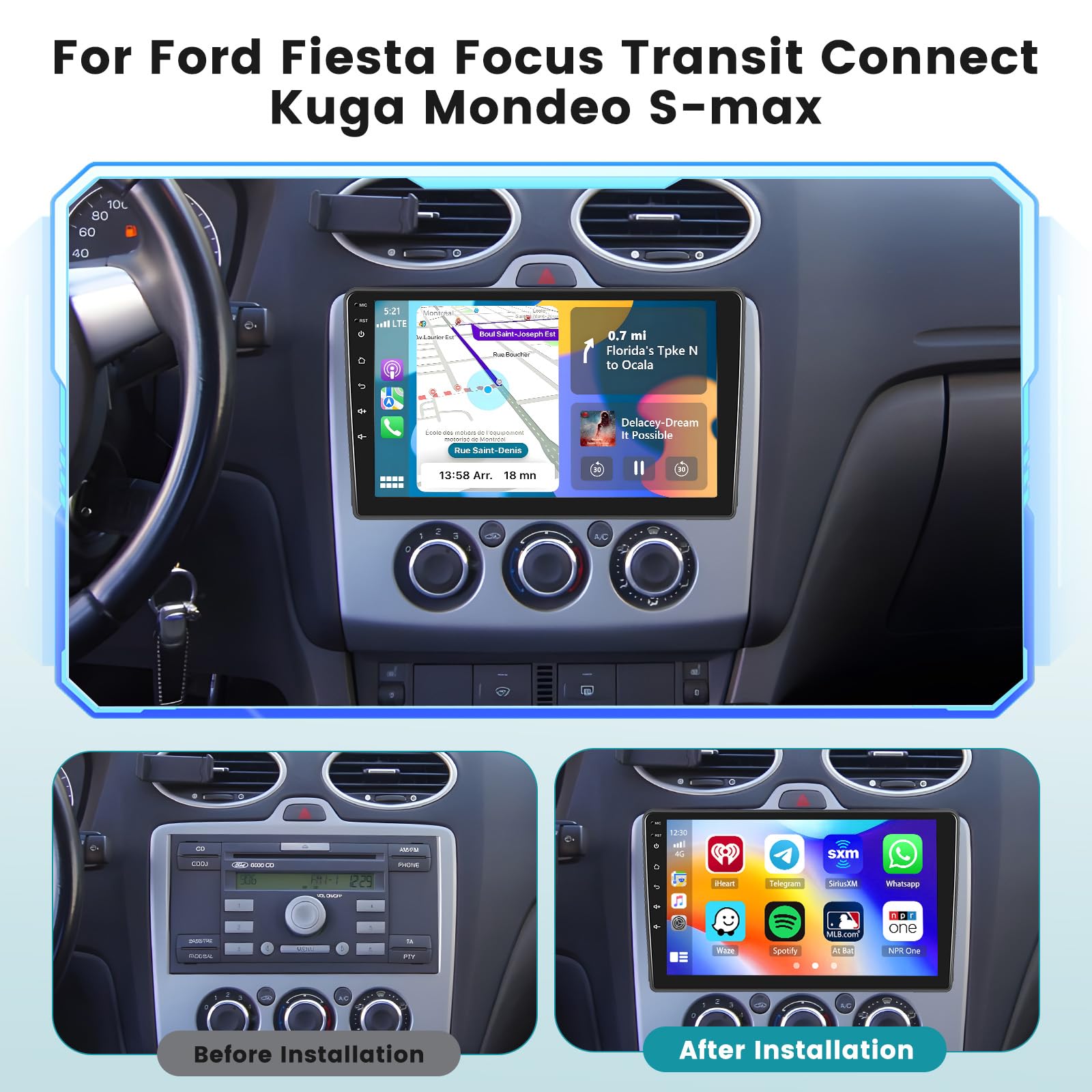 Hikity 2+64G Radio samochodowe dla Ford Fiesta Focus Transit Connect Kuga Mondeo S-Max z Carplay Android Auto, 9'' Android 13 Touch Screen Radio z Mirror Link FM/RDS EQ WIFI Bluetooth GPS SWC Kamera