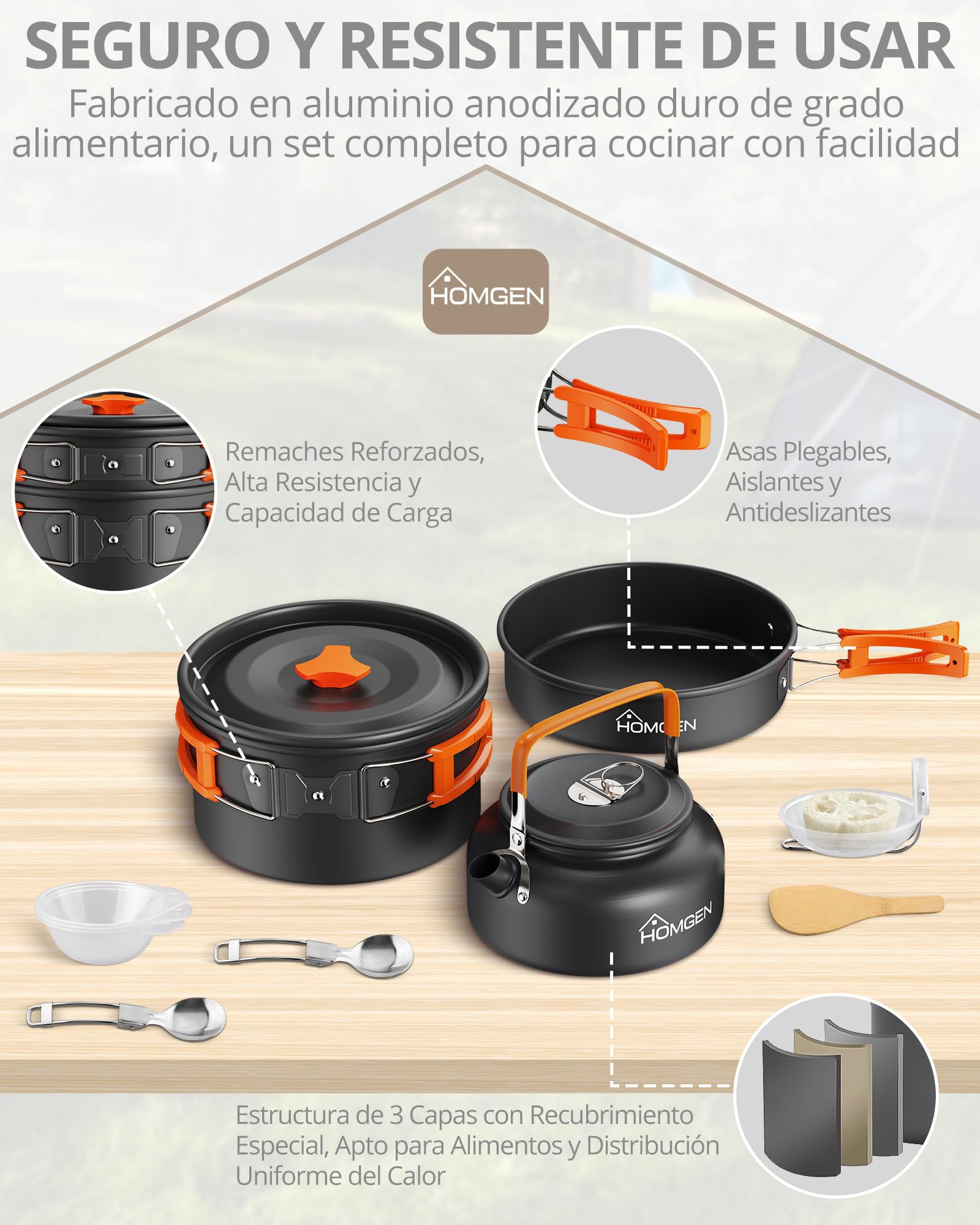 HOMGEN Kit De Cocina Para Camping 2 Personas – Set Con Olla, Sartén, Tetera Y Accesorios En Aluminio Anodizado Ligero, Para Senderismo Y Picnic