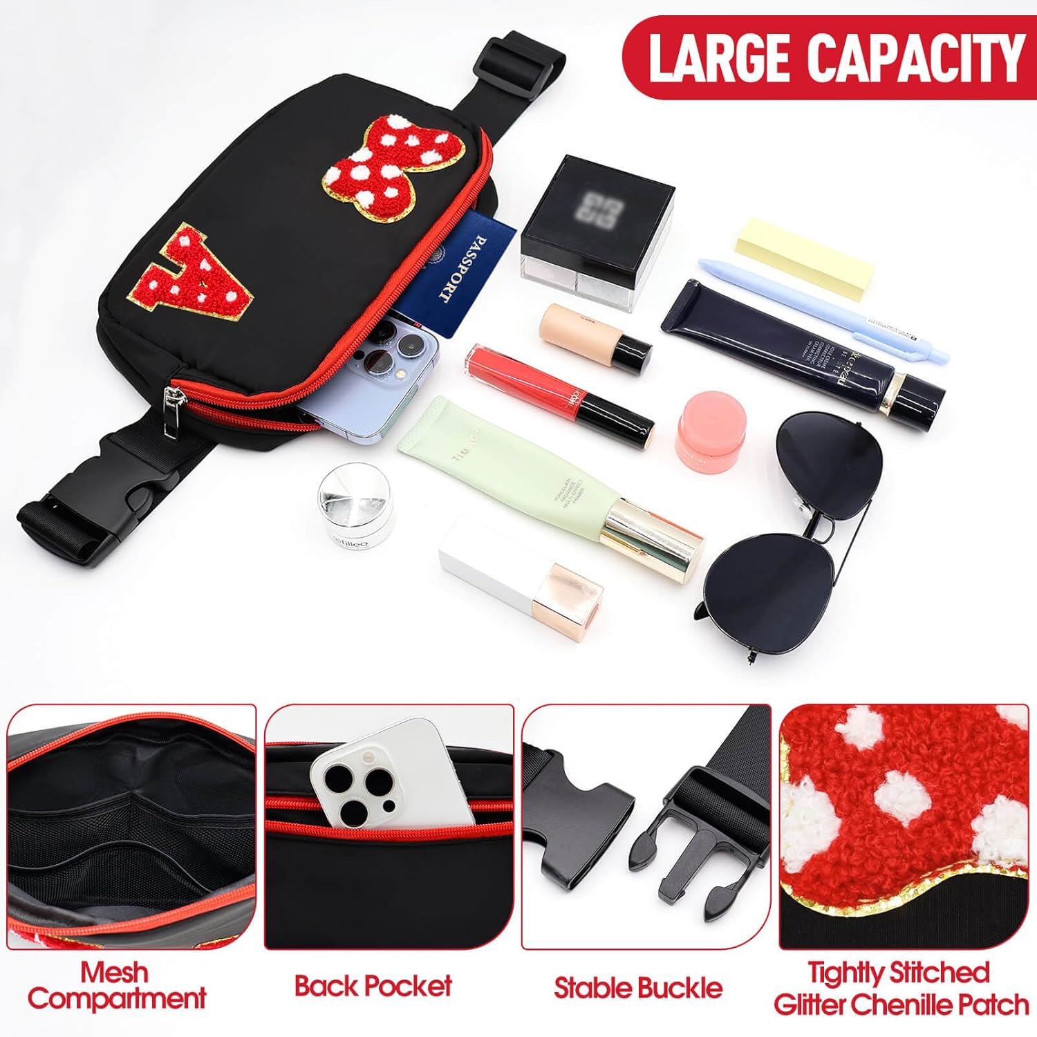 Chenille Initial Letter Bow Mouse Fanny Pack, Waterproof Park Crossbody Bag Christmas Birthday Gifts for Teen Girls Daughter Women Kids Adults, Cute Belt Bag Must Haves for Park Travel (A, Black) - Image 4