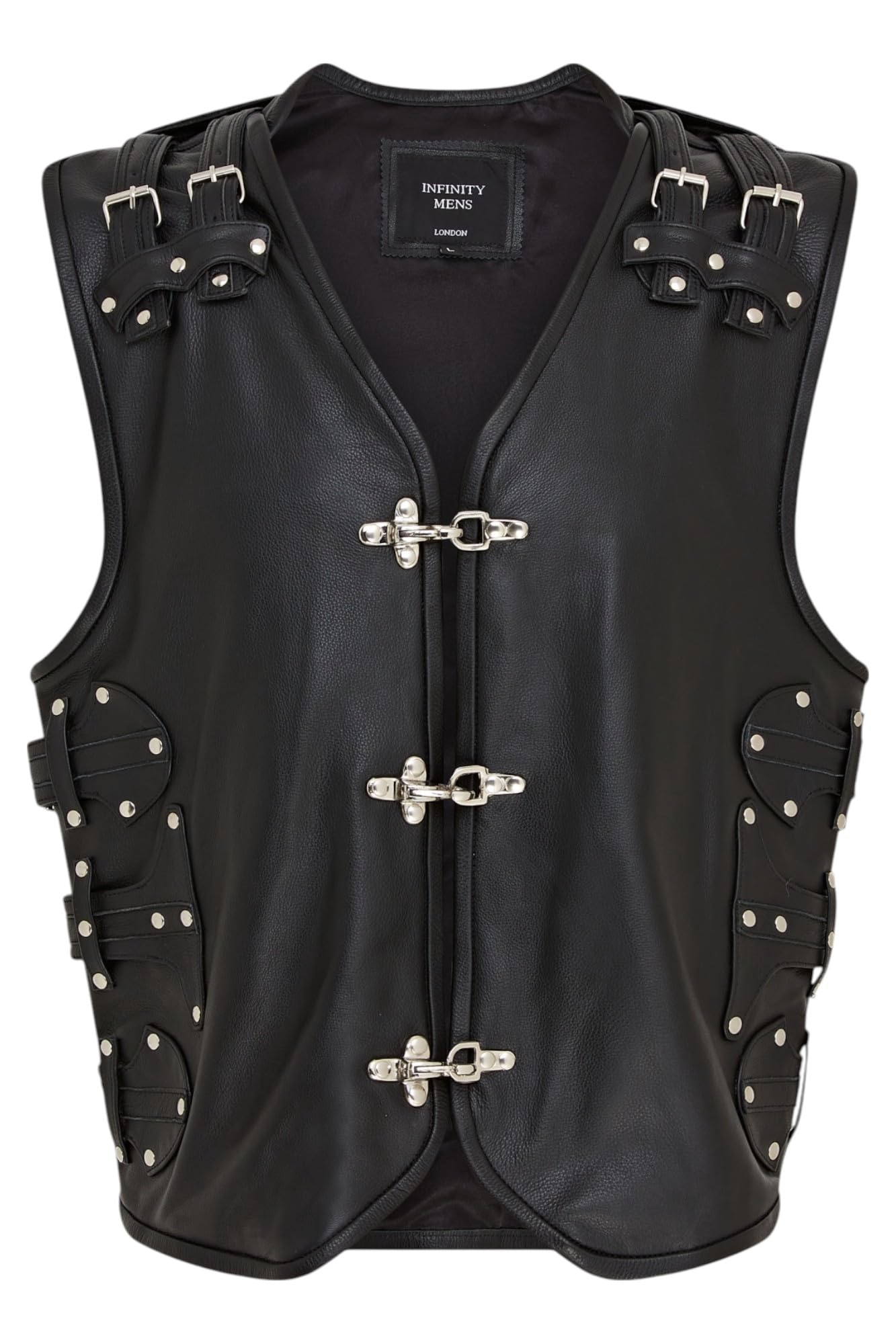 Men’s Black Biker Leather Metal Buckles Vest Gilet Waistcoat