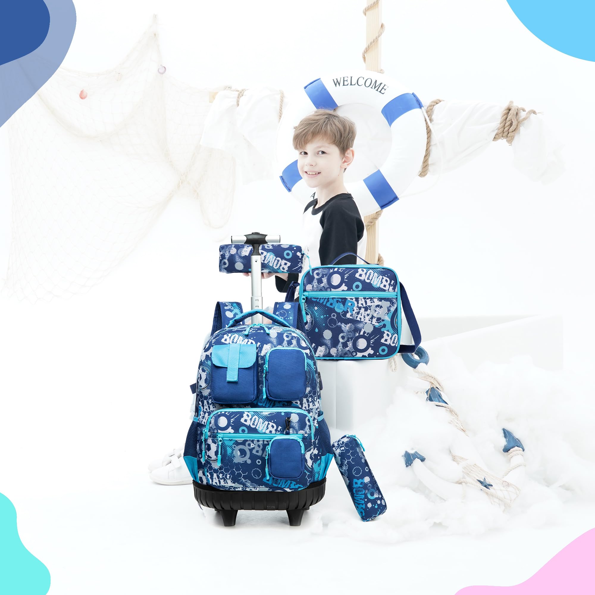 HTgroce Trolley Zaino Scuola 3 in 1 Kit Viaggio per Bambini, Regalo Scolastico per Ragazzi