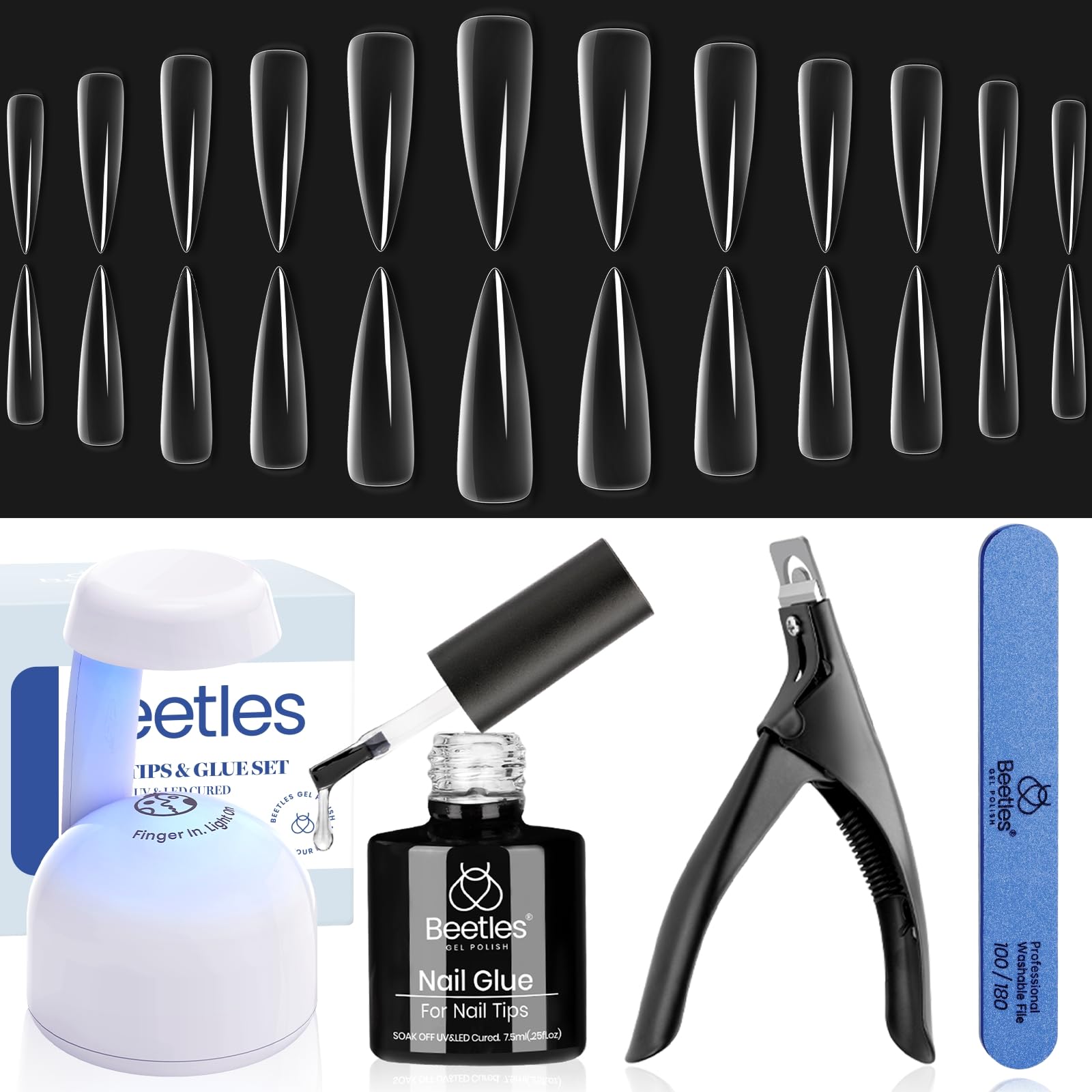 Beetles Gel Nail Kit Easy Nail Extension Set, Long Stiletto Shaped 240 Pcs Clear False Acrylic Nails Tips with 5 in 1 Nail Glue Innovative Uv Led Lamp DIY Acrylic Nail Ki at Home Beauty Gift Set