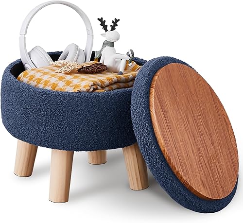 Miniatura 8 de Wimarsbon Otomana de almacenamiento, moderno reposapiés redondo con asiento acolchado suave, reposapiés de terciopelo de peluche con patas de