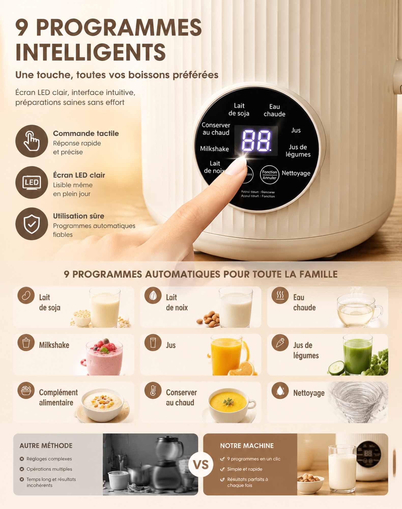 Omalait — Omalait Machine a Lait Vegetal, Fonction D'auto-Nettoyage Et Minuteur Inclut Verre Doseur, Passoire Et Brosse, 18 Recettes Incluses Préparer Des Laits Maison D'amande, D'avoine Et De Soja