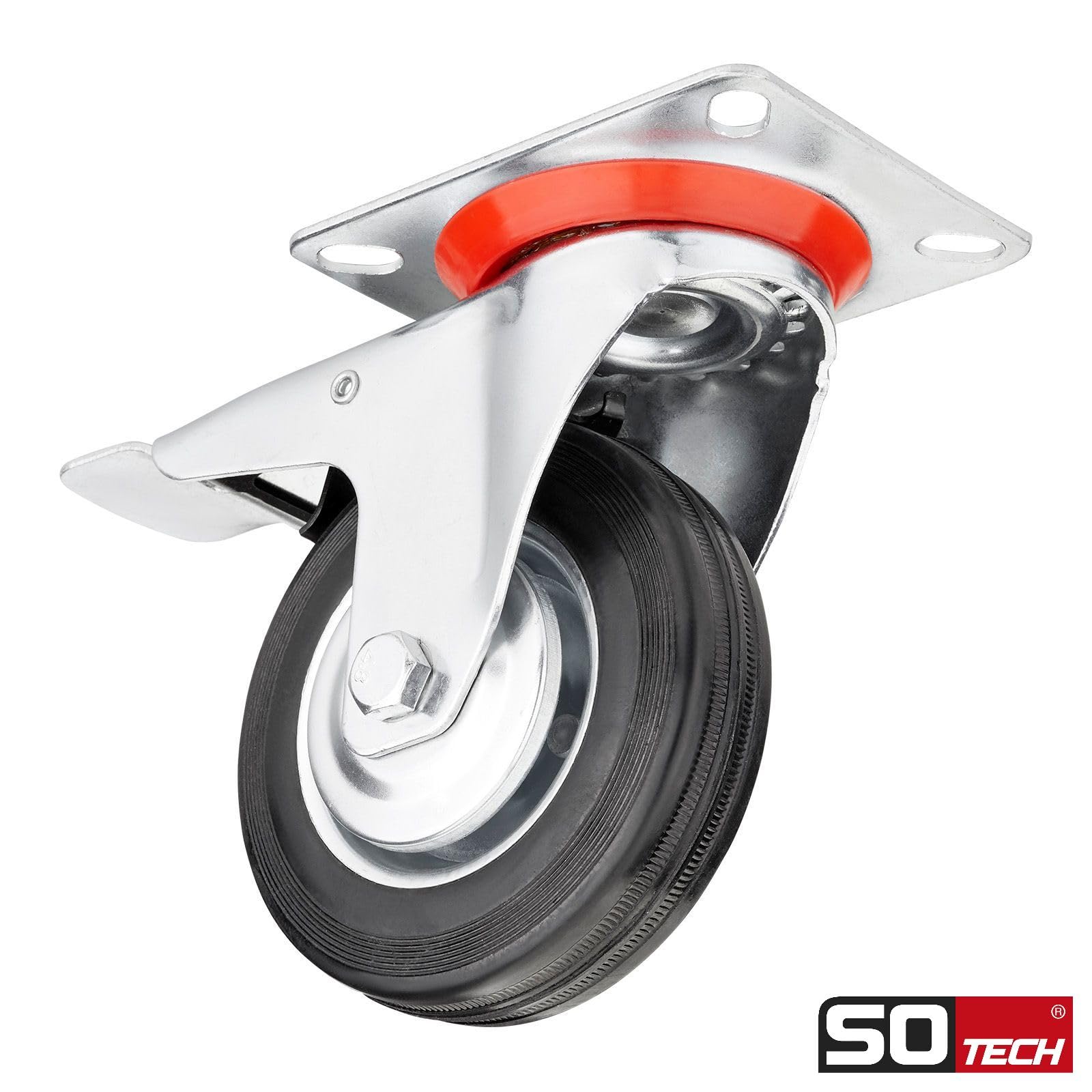 SOTECH 4 piezas Ruedas de transporte RED Ø 125 mm (2x ruedas giratorias, 2x ruedas giratorias con freno) Altura 151 mm Placa atornillada 100 x 82 mm Capacidad de carga 440 Kg