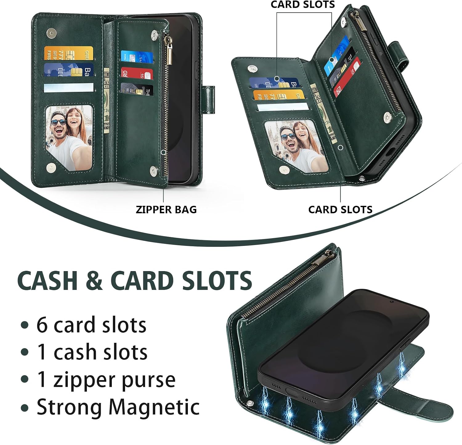 Asuwish Phone Case for Samsung Galaxy S25 FE 5G Zipper Wallet Detachable Cell Cover with Tempered Glass Screen Protector Crossbody Strap Flower Card Holder S 25 EF S25FE 25S 25FE Women Men Dark Green