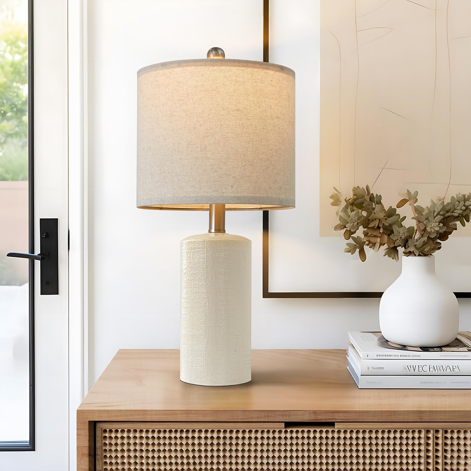 20.25" Small Single Table Lamp for Bedroom Modern Ceramic Nightstand Lamp Farmhouse Bedside Lamp Boho Living Room Lamp White End Side Table Lamp White - Single