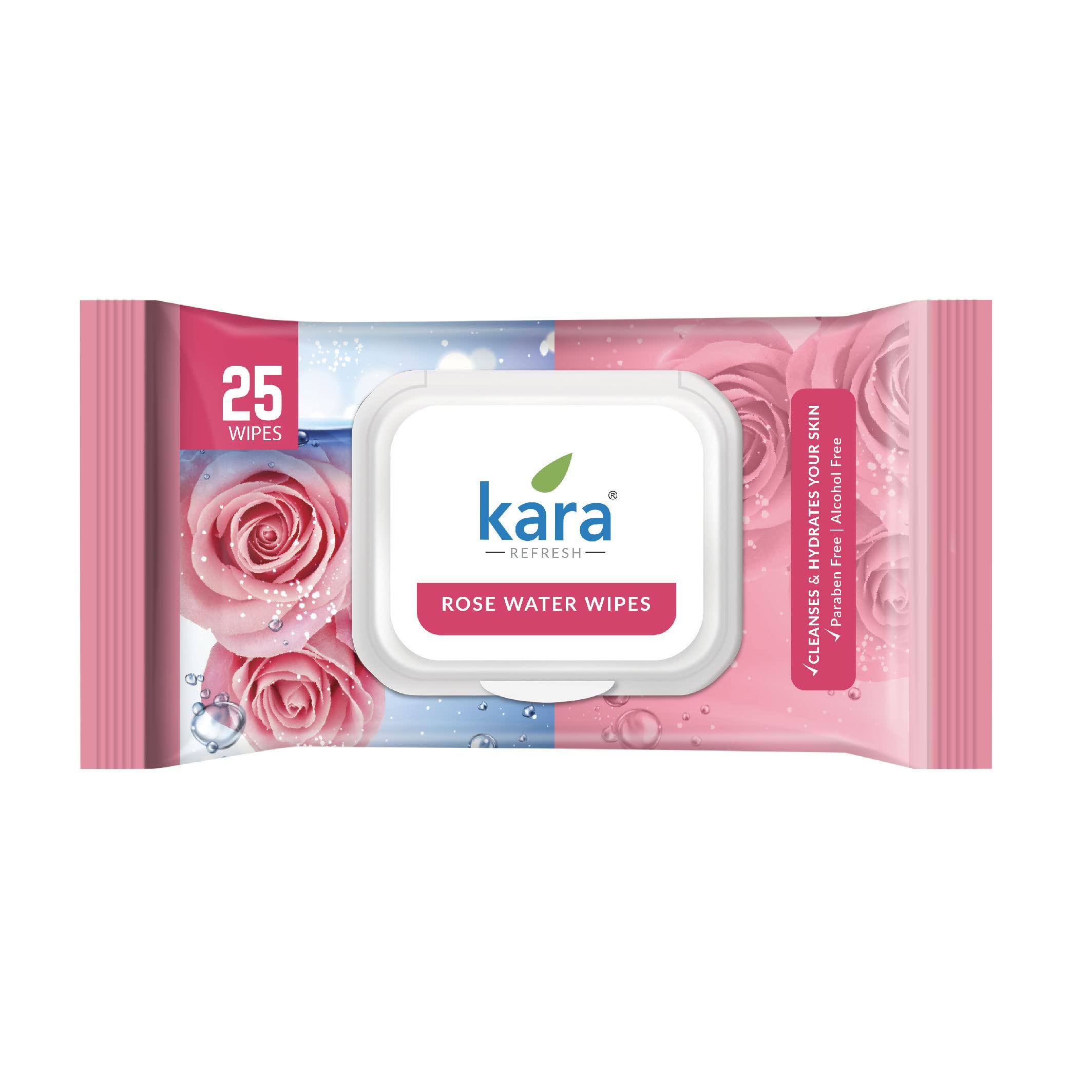 Kara Refreshing Facial Wipes 25 Pulls with Fliptop Lid | Wet Wipes for Face With Rose Water | Cleansing, Hydrating | Paraben & Alcohol-Free