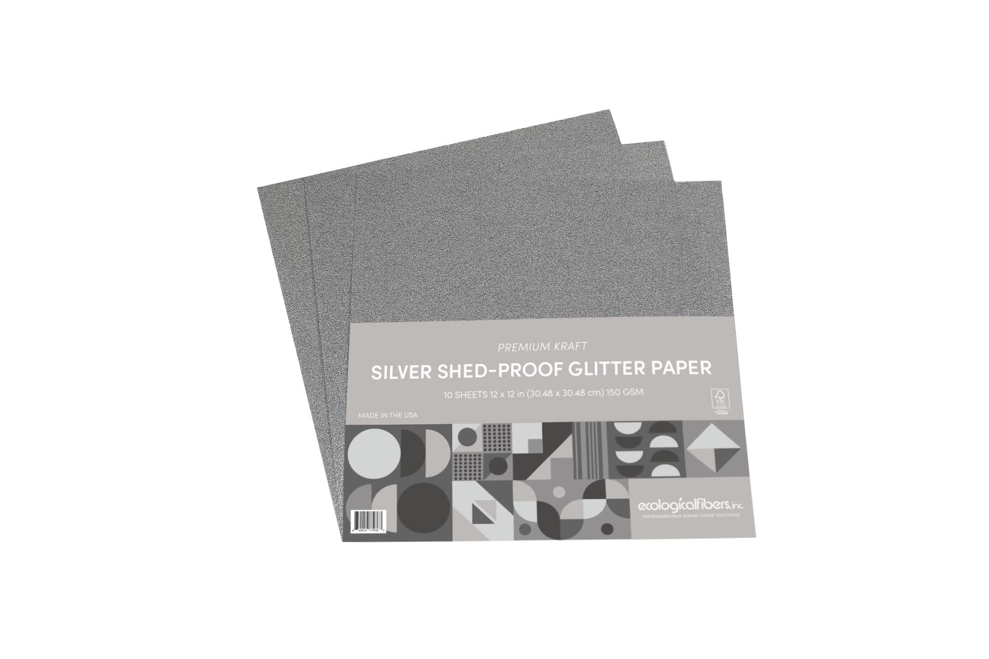 Ecological Fibers Premium Kraft Shed-Proof Glitter Paper, 12" x 12", Silver, Pack of 10