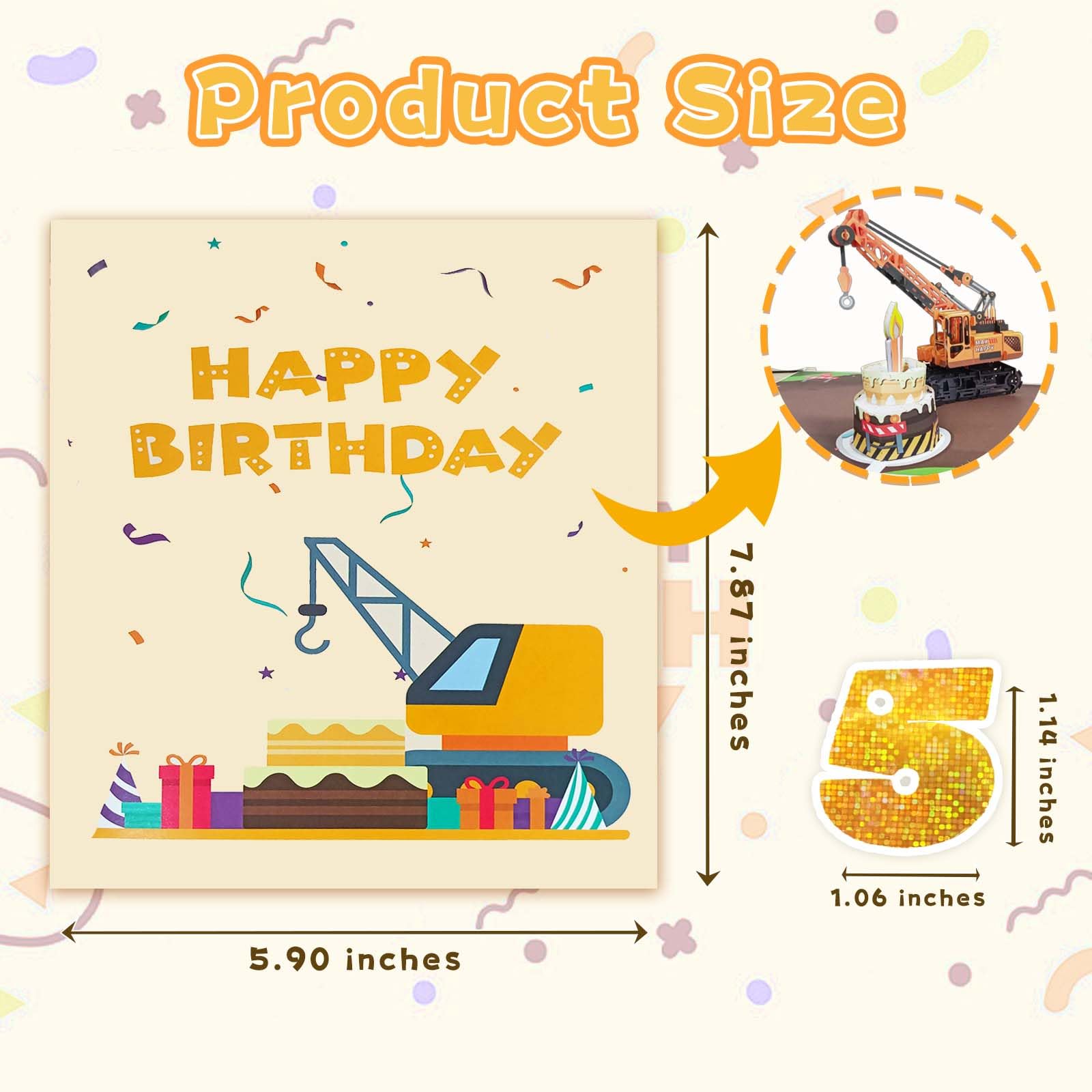 Kartka z życzeniami 3D Pop Up na 5. urodziny ze światłem i muzyką, karta Crane Truck dla chłopca, siostrzeńca, wnuka, syna, malucha, z kopertą, karta wiadomości - Open it Play: odtwarza hit