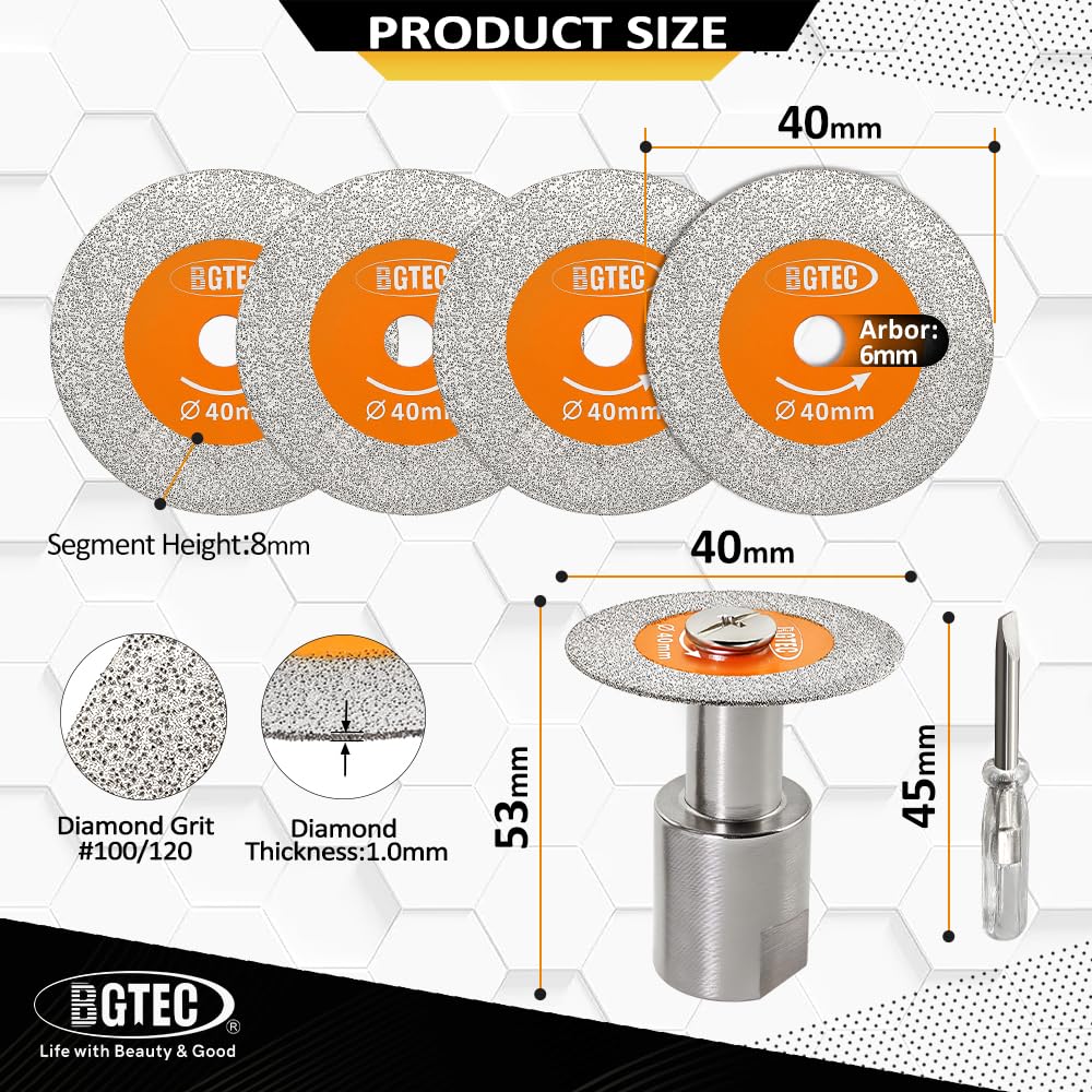 BGTEC Diamentowa tarcza do cięcia szkła – 5 sztuk 40 mm tarcza do cięcia szkła z kołnierzem gwintowanym M14 do szkła, jadeitu, kryształowej butelki wina, płytek