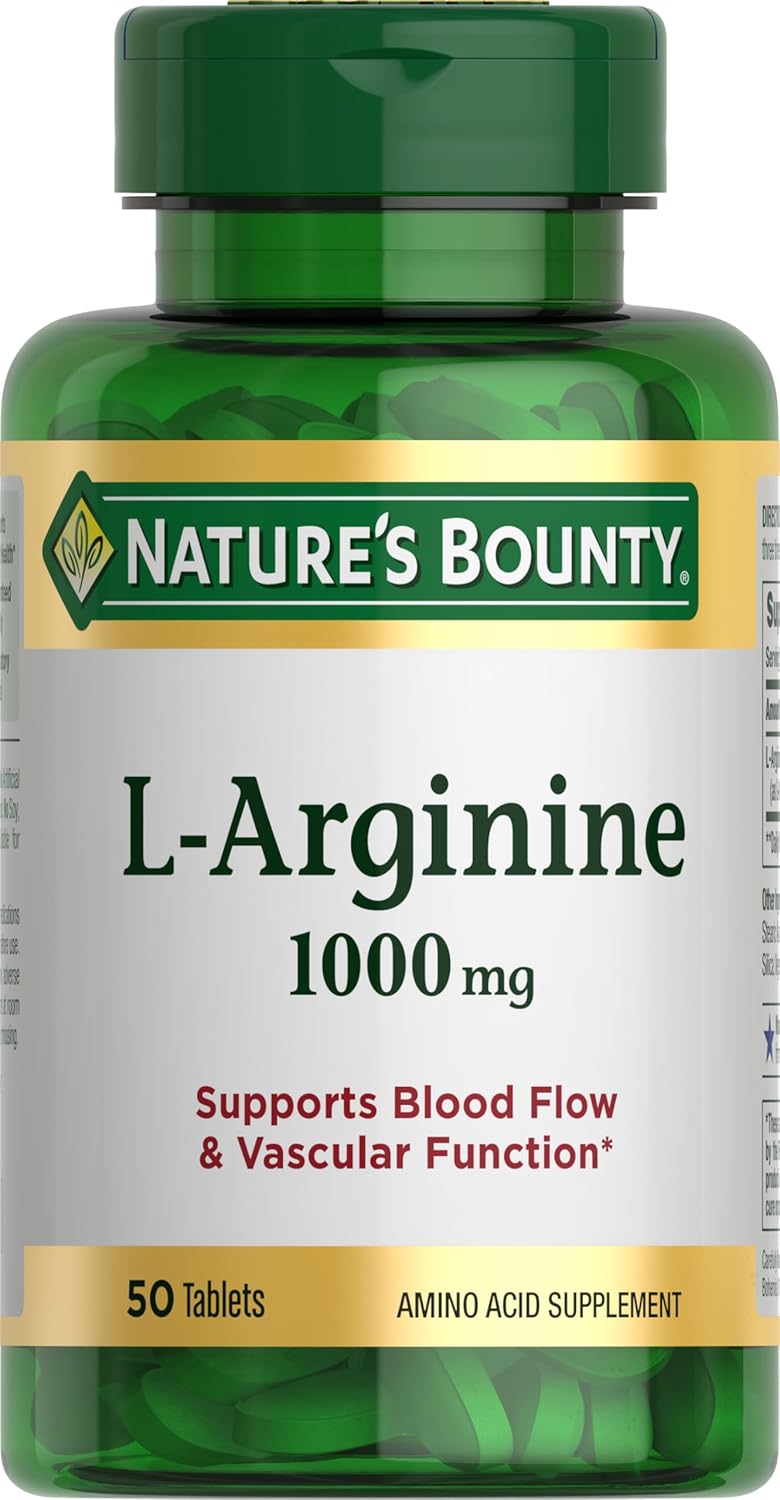 Nature’s Bounty L-Arginine 1000mg for Supporting Blood Flow and Vascular Function – Non-GMO, Gluten Free, 50 Tablets