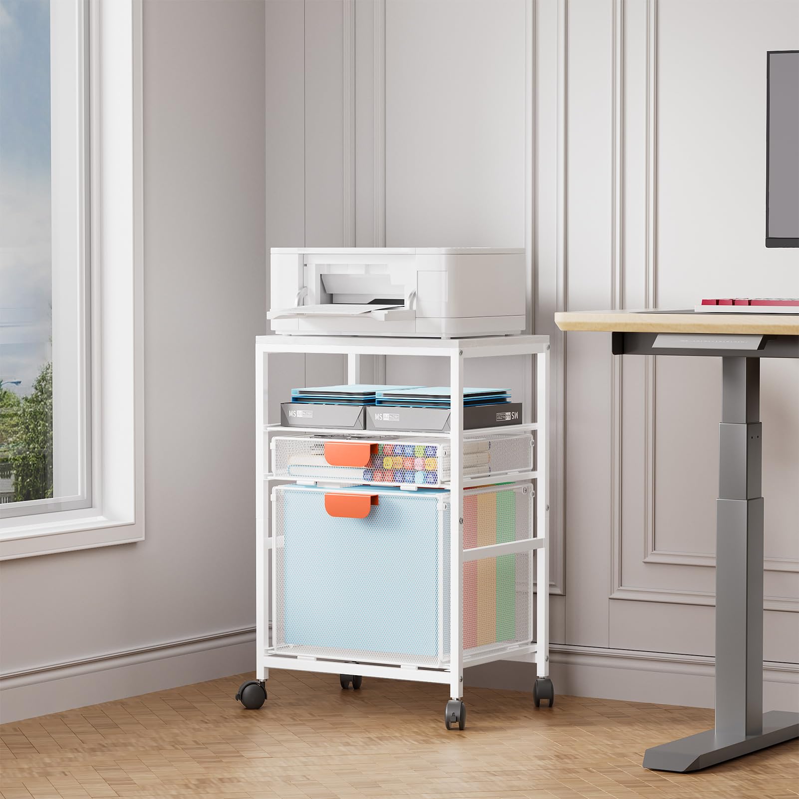 Marbrasse Supporto per Stampante con Ripiano Portaoggetti,3-Livelli Carrello Grande su Ruote con Cassetti per Armadietti Porta Documenti per Stampante 3D,Telefono Cellulare,Ufficio Domestico(Bianco)