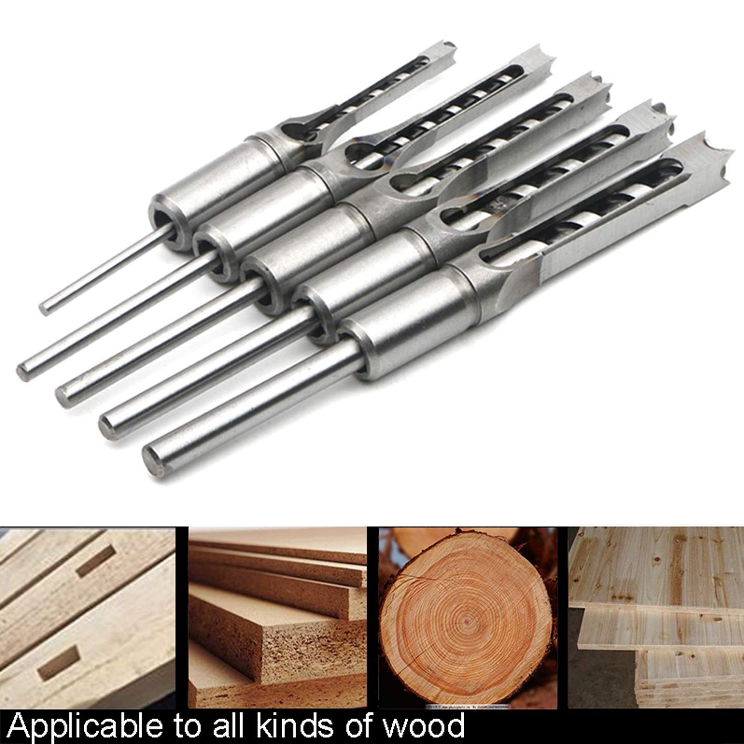Juego de 5 brocas cuadradas para carpintería con brocas para madera con broca giratoria, 1/4 pulgadas, 5/16 pulgadas, 3/8 pulgadas, 7/16 pulgadas, 1/2 pulgadas