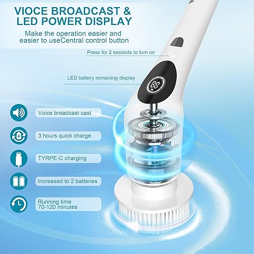 Miniatura 2 de SZFIXEZ Limpiador eléctrico giratorio con 3 velocidades y pantalla LED, limpiador de ducha para limpieza, cepillo de limpieza inalámbrico con