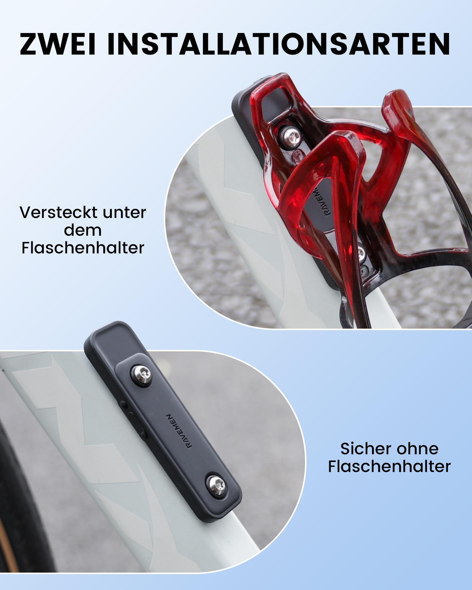 RAVEMEN Fahrrad Tracker kompatibel mit Find My (nur iOS),Diebstahlschutz Fahrrad Peilsender Einfache Installation passt unter den Flaschenhalter 27 g leicht IPX6 Wasserdicht 240 Tagen+ Akkulaufzeit