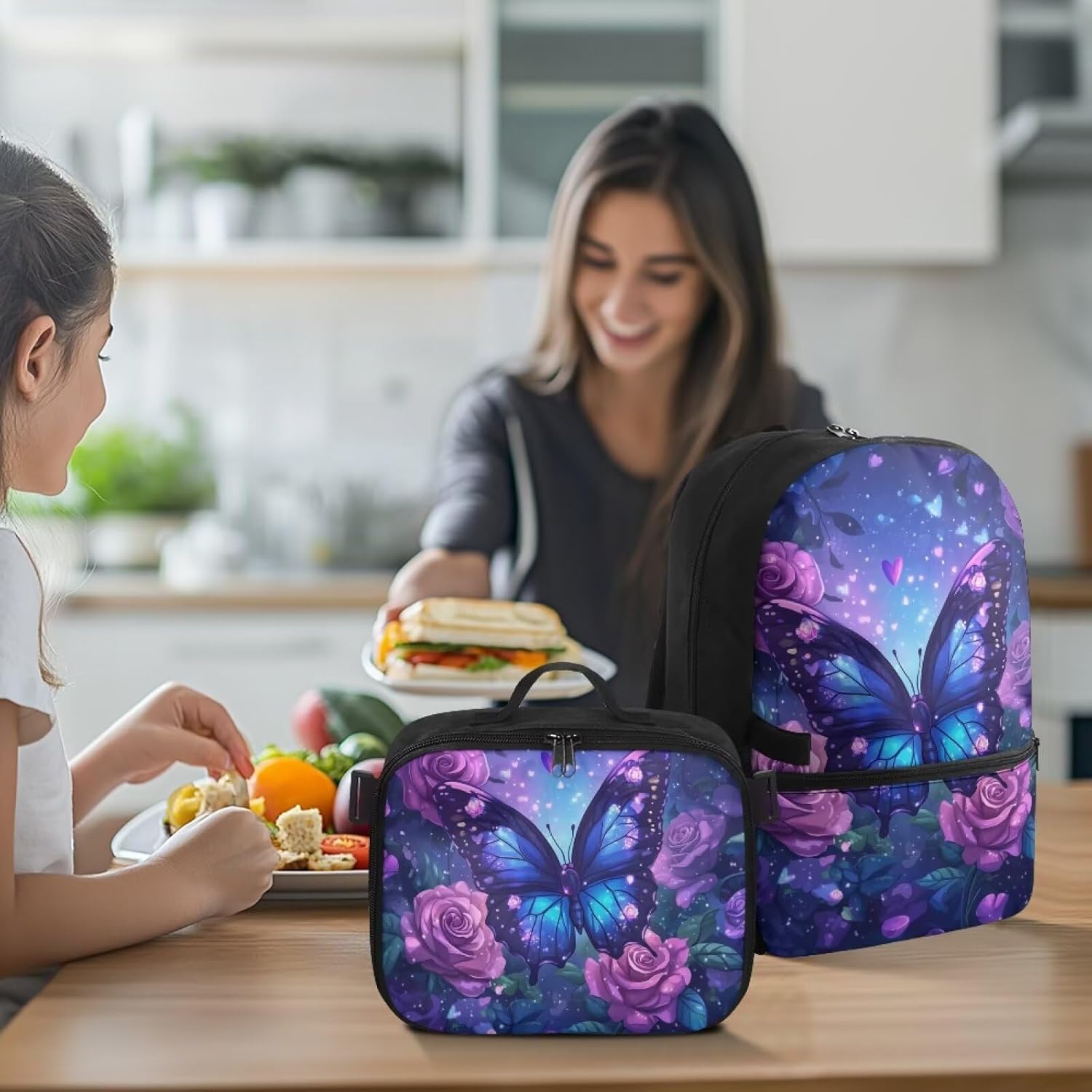 Floral Backpack with Lunch Box Butterfly Bookbag for Women Polyester School Bag Set with Adjustable Shoulder Strap for Camping Picnic Travel Book Bag