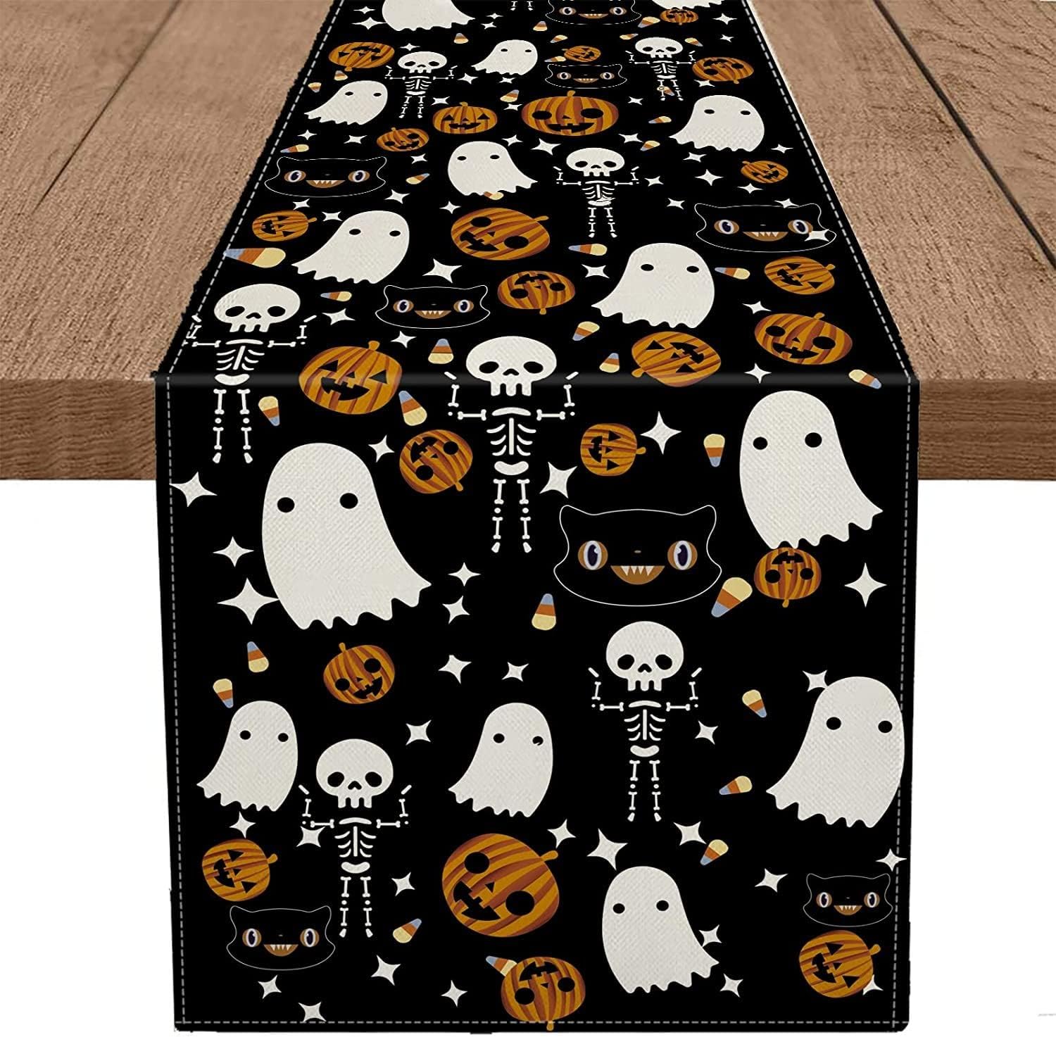 Halloween Table Runner Ghost Skeleton Pumpkin 13 x 60 Inch Rectangle Burlap Table Runners Halloween Holiday Dining Room Kitchen Table Party Decor