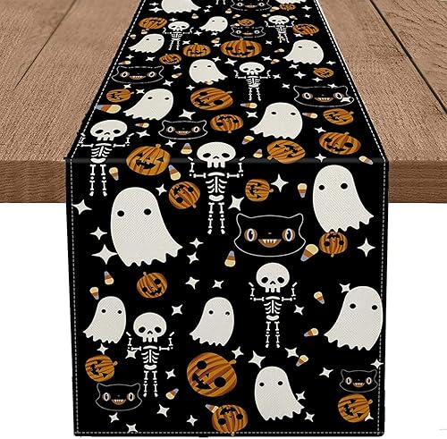 GAGEC Camino de mesa de Halloween con diseño de gato negro, calabazas de temporada, cocina, comedor, hogar, decoración de fiesta al aire libre (13 x