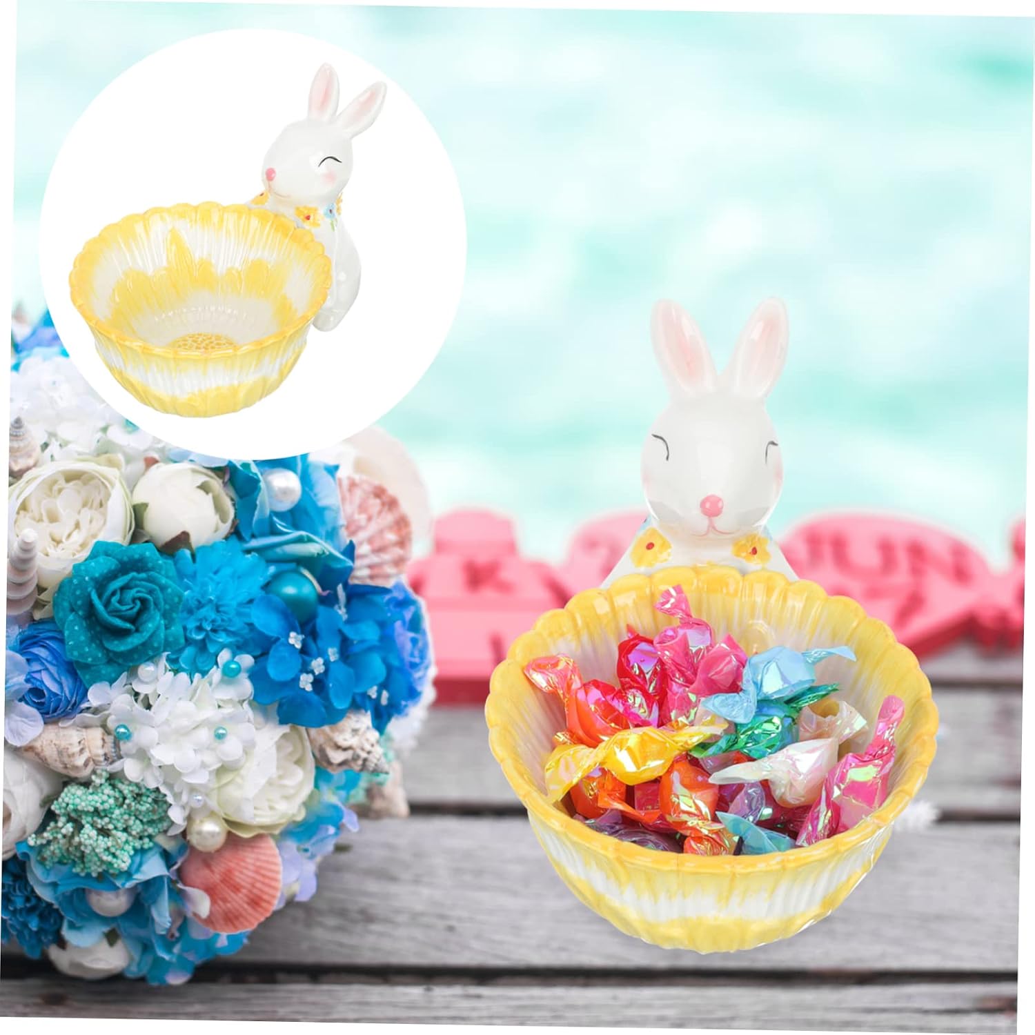 OUNONA Ceramic Easter Bunny Candy Bowl Decorative Rabbit Basket Figurine for Home and Office Desktop Adornments Premium Ceramic Easter Ornament for Party Garden and Holiday Decor