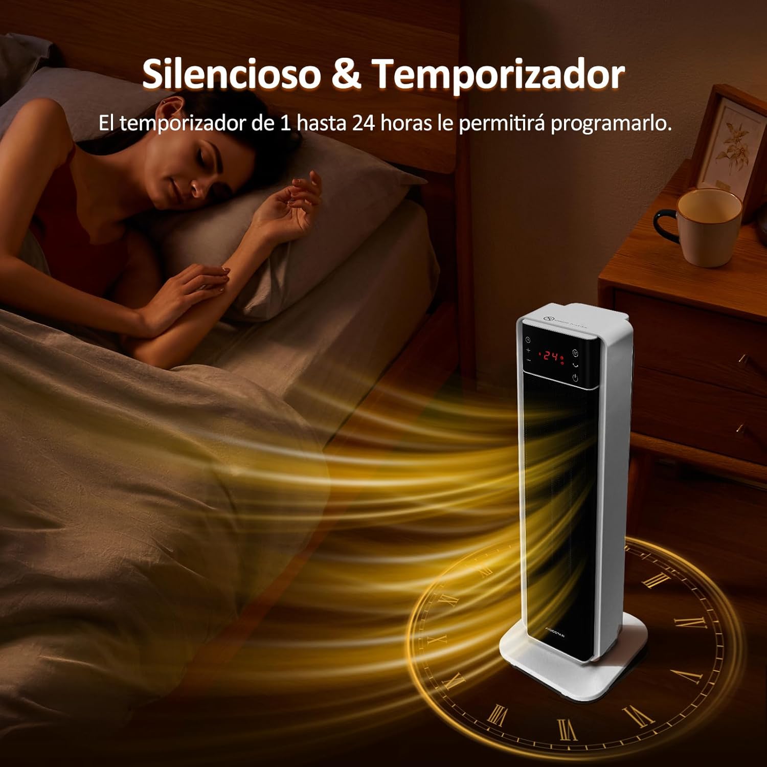 Aigostar Ceramic PTC Heater operating silently with its 24-hour timer function while a person sleeps