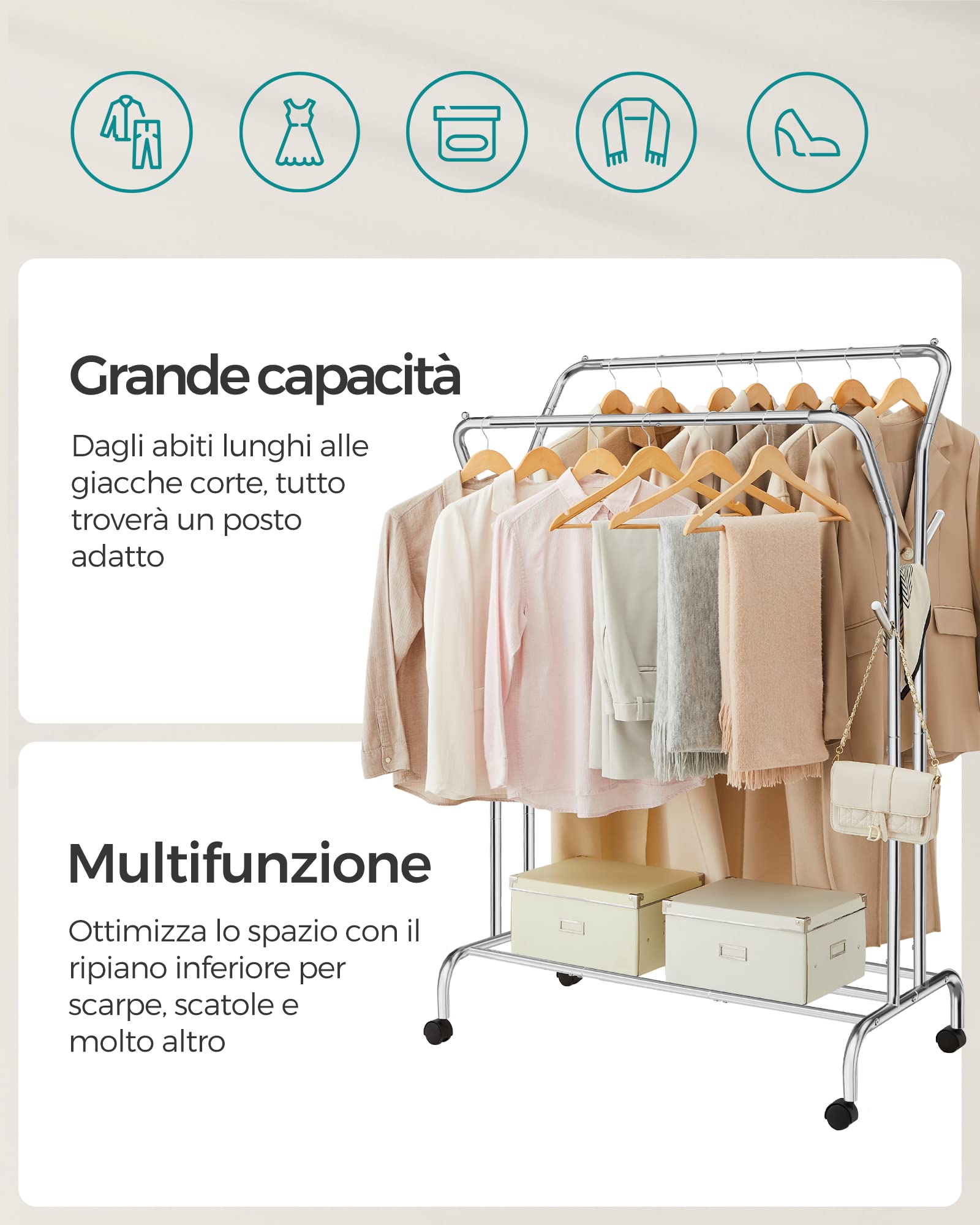 SONGMICS Stand Appendiabiti Doppio, Attaccapanni con Ruote, Struttura in Acciaio, Portata fino a 100 kg, Larghezza di 103,5 cm, Multifunzione, Color Argento HSR107E01