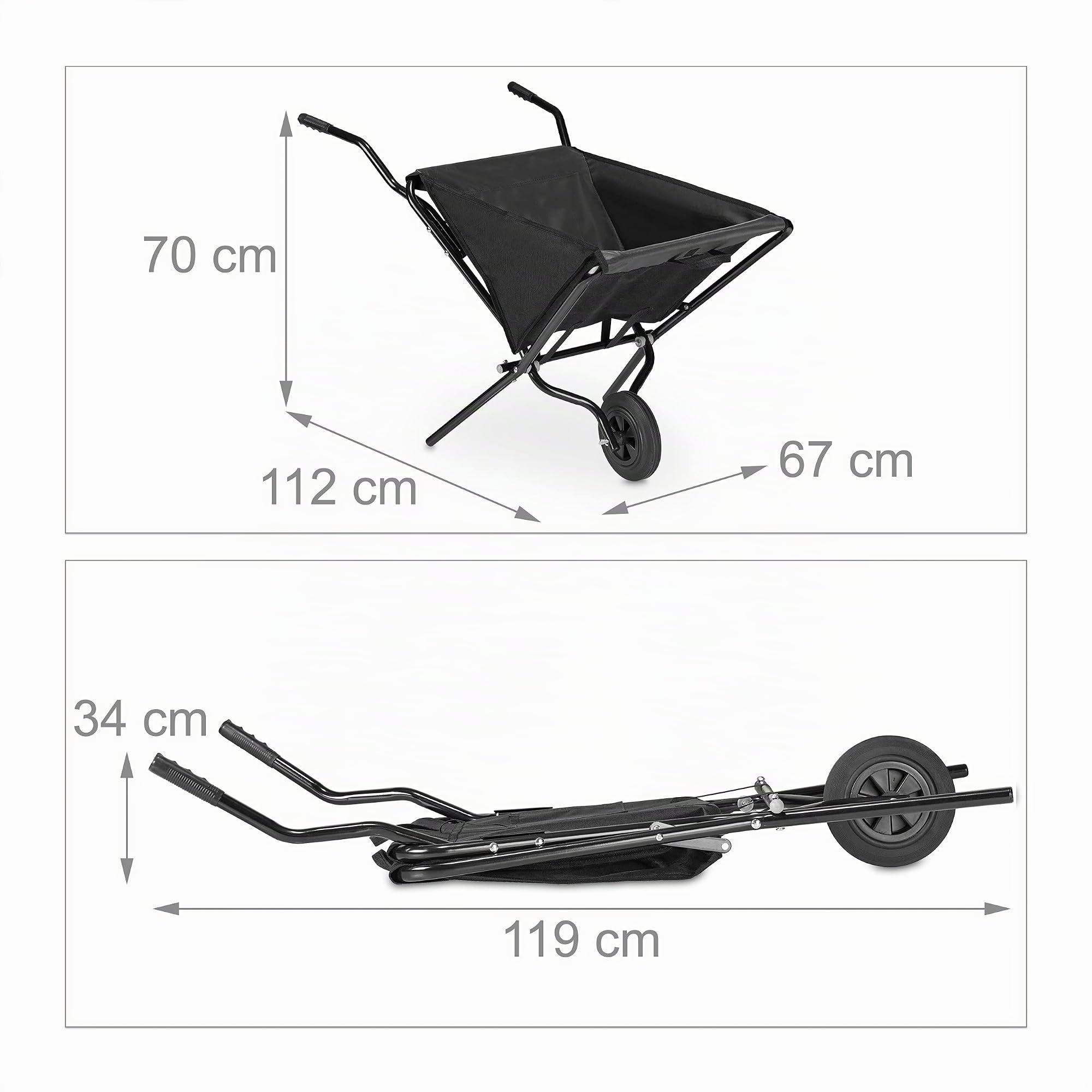 Relaxdays Brouette de Jardin Pliable, Roue en Caoutchouc sans air, Acier & Polyester, 46 litres, HLP 70x112x67 cm, Noire