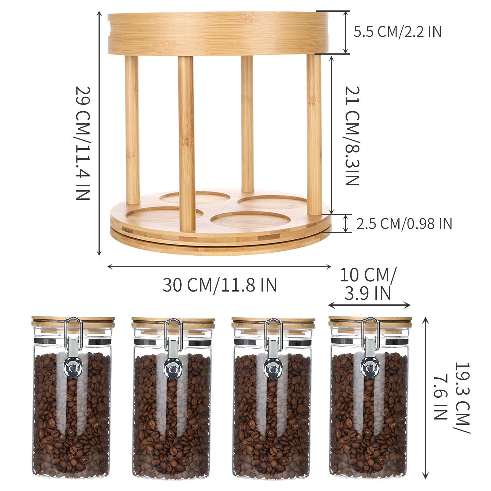 KKC HOME ACCENTS Kaffee-/Tee-Bar-Zubehör-Organizer für Arbeitsplatte, luftdichte Glas-Kaffeedosen mit drehbarem Bambusgestell für Kaffeebohnen, gemahlenen Kaffee, Tee, Kaffeekapseln