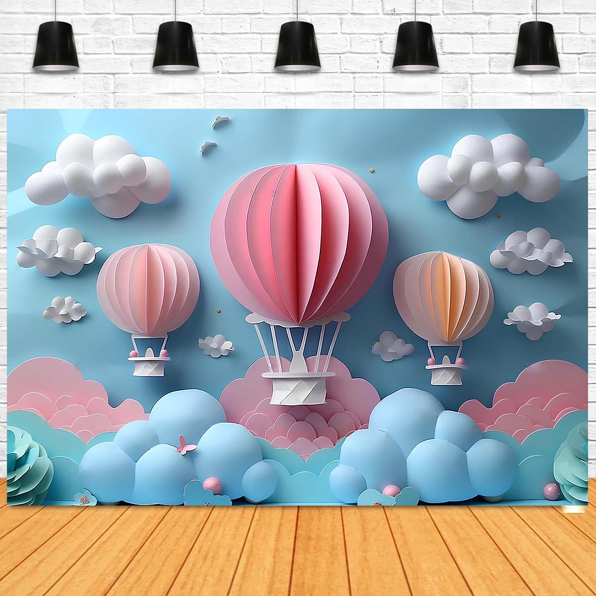 First Birthday Decorations for Girl - 1st Birthday Photography Background with Colorful Flowers, Pink Balloons, Rainbow Sky, White Clouds (7x5feet)