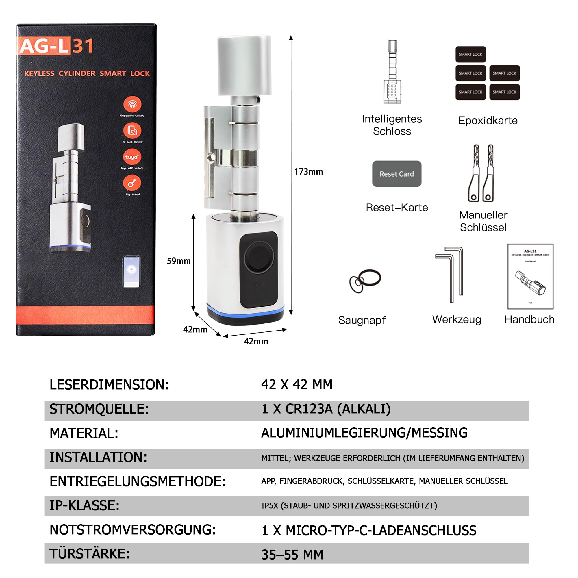 Türschloss Fingerabdruck, Smart Türschloss mit Fingerabdruck, Fingerabdruck-IC-Karte, Schlüssel, App, Haushalt, intelligente elektronische Schlösser, für 35-60mm Tür, Einfache Installation