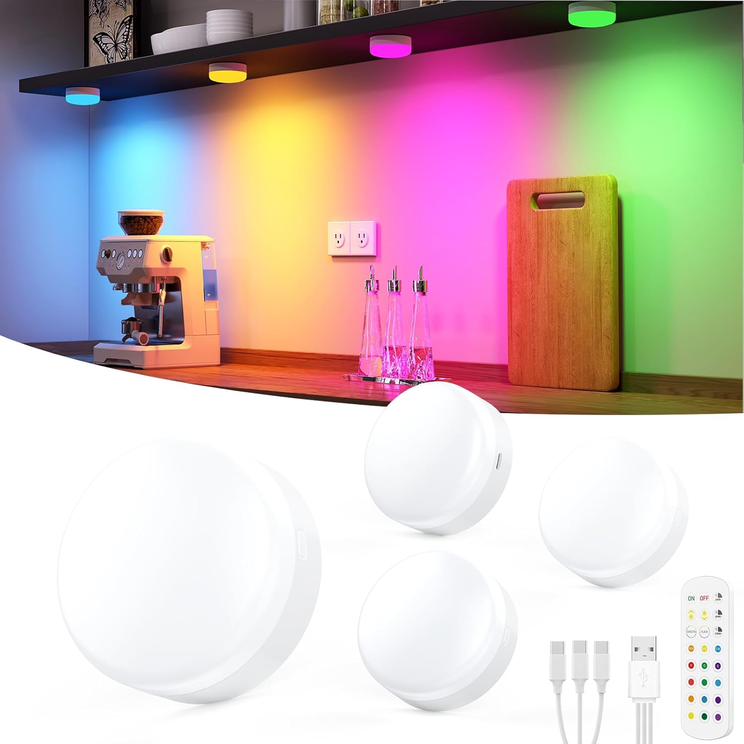 AIBOO Puck Lights with Remote Control, 4-Pack Wireless Stick On Lights for Under Cabinet, Closet, Bedroom, Staircase & Bookshelf, 3000mAh Battery Operated Color Changing Lighting​​ (RGB&CCT)