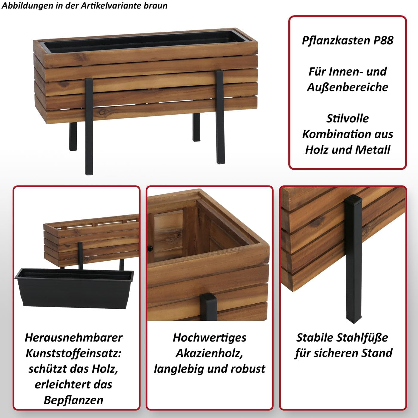 Mendler Pflanzkasten HWC-P88 35x62x26cm Akazie - braun | Blumen-/Pflanzkübel, Blumenkasten, In-/Outdoor, Holz