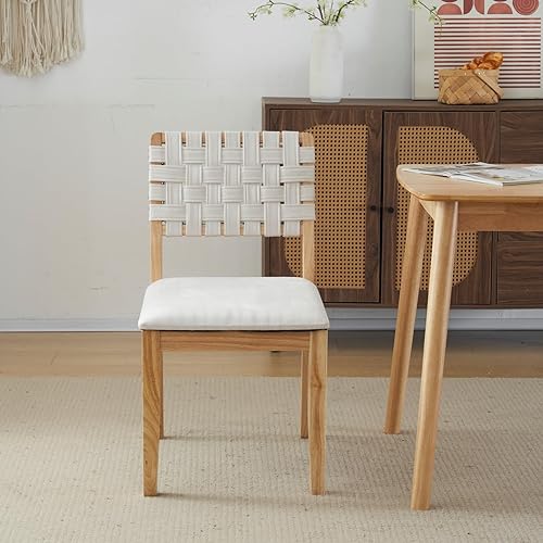 Miniatura 2 de VINGLI Juego de 4 sillas de comedor de madera tejida beige, sillas de escritorio modernas de mediados de siglo sin brazos con remaches y clavijas