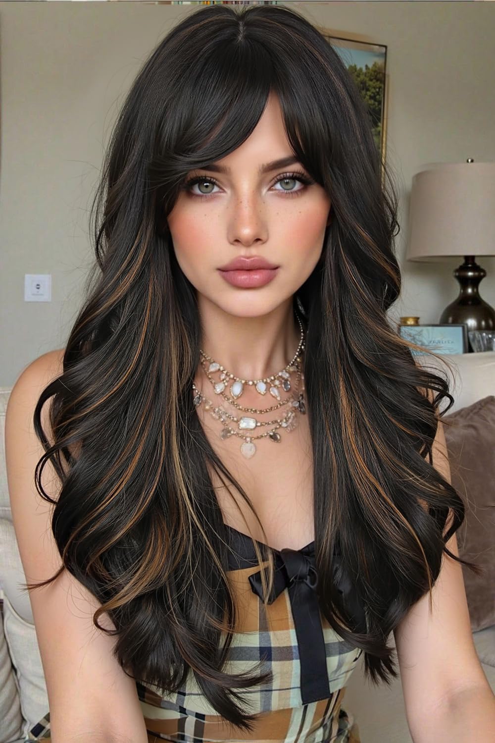 WIGER Brown Highlight Long Curly Wigs Layered Wavy Hair with Bangs Synthetic Full Wig for Women Daily Use