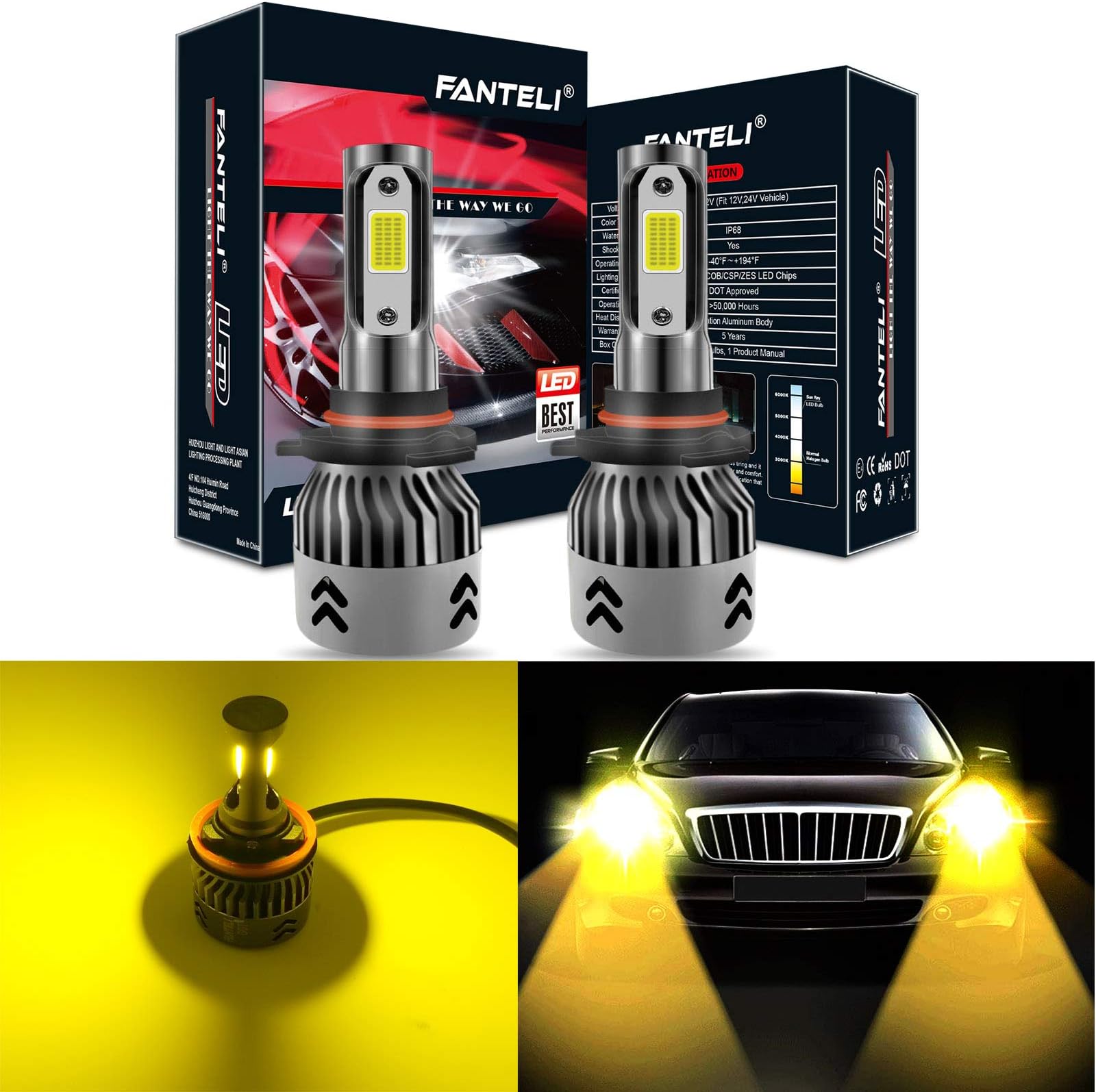 FANTELI 9006 (HB4) 3000K Yellow LED Headlight Bulbs All-in-One Conversion Kit - 72W 8000LM Low Beam/Fog Driving Lights Extremely Bright