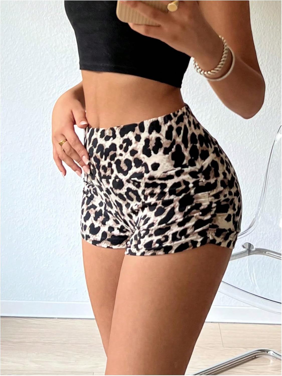 WDIRARA Women's Leopard Print Ruched High Waisted Shorts Y2k Mini Shorts - Image 4