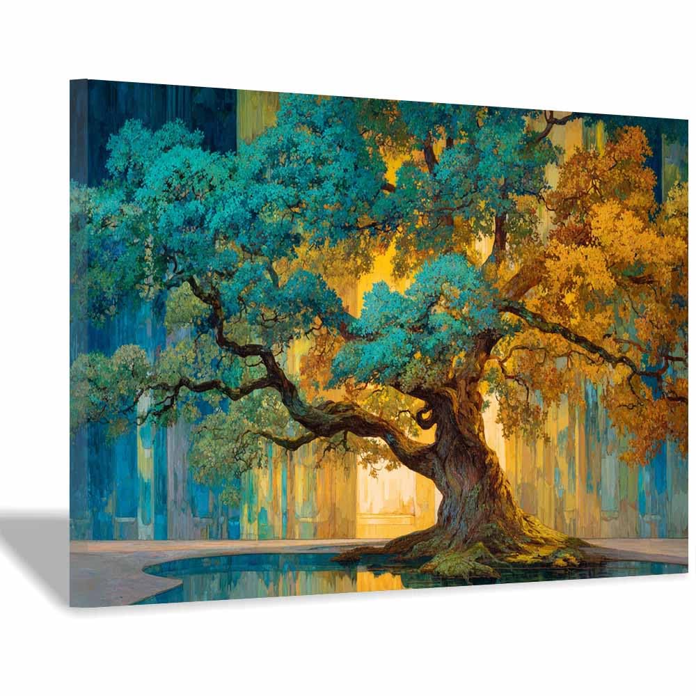 DMZPKZB Tree Of Life Large Wall Art Golden Mist Tree Colorful Canvas Art Prints,Abstract Painting,Scenery Wall Decor,For Gallery,Bedroom,Living Room And Hotel(Multicolor)-50x70cm Framed